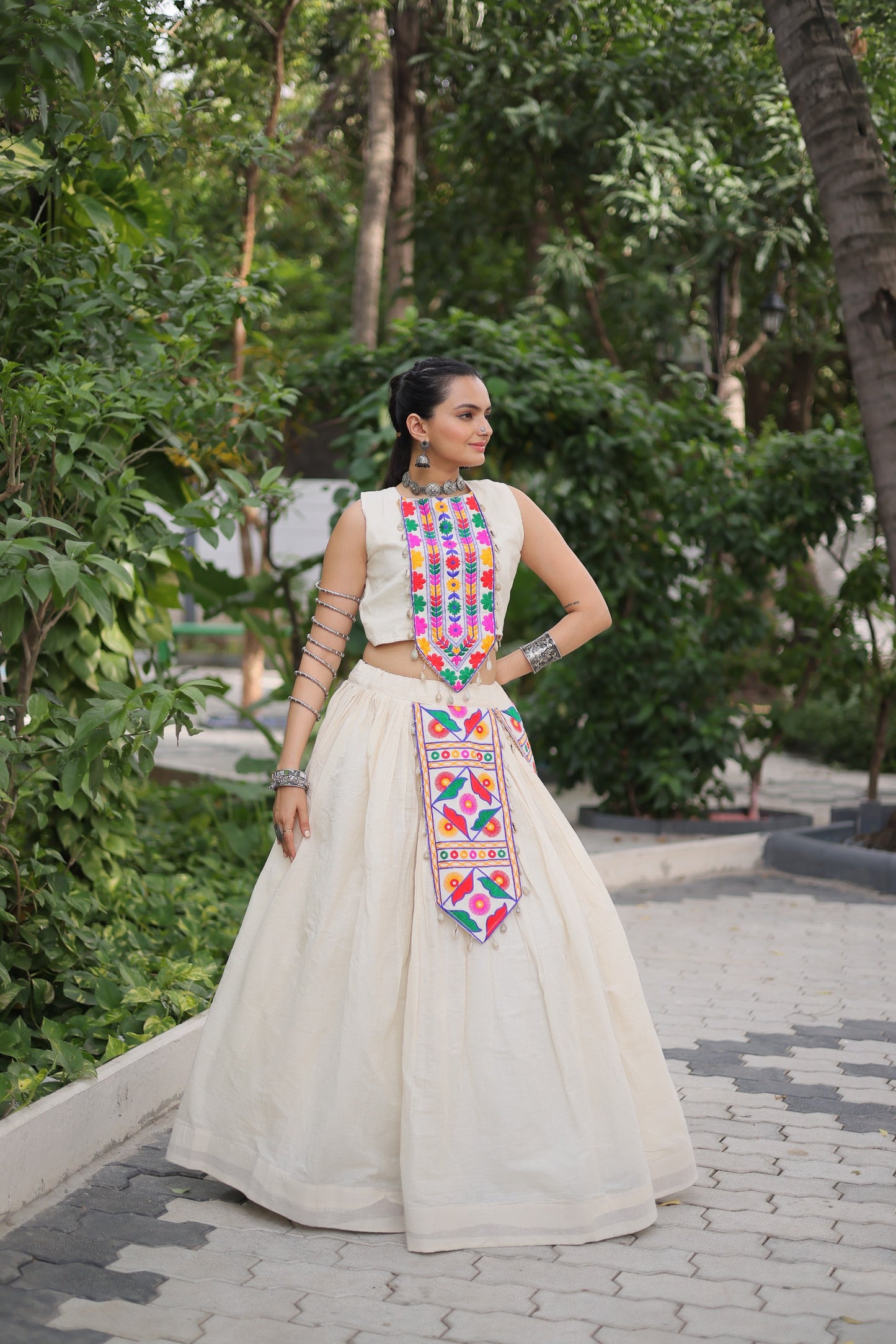 White color Kora Cotton Kutchi Work Lehenga With Top