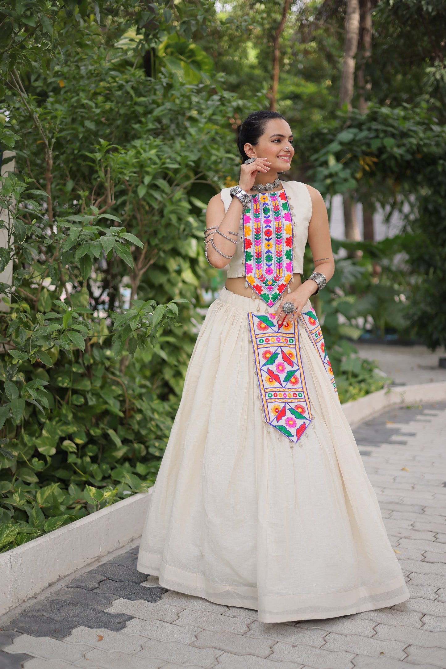 White color Kora Cotton Kutchi Work Lehenga With Top