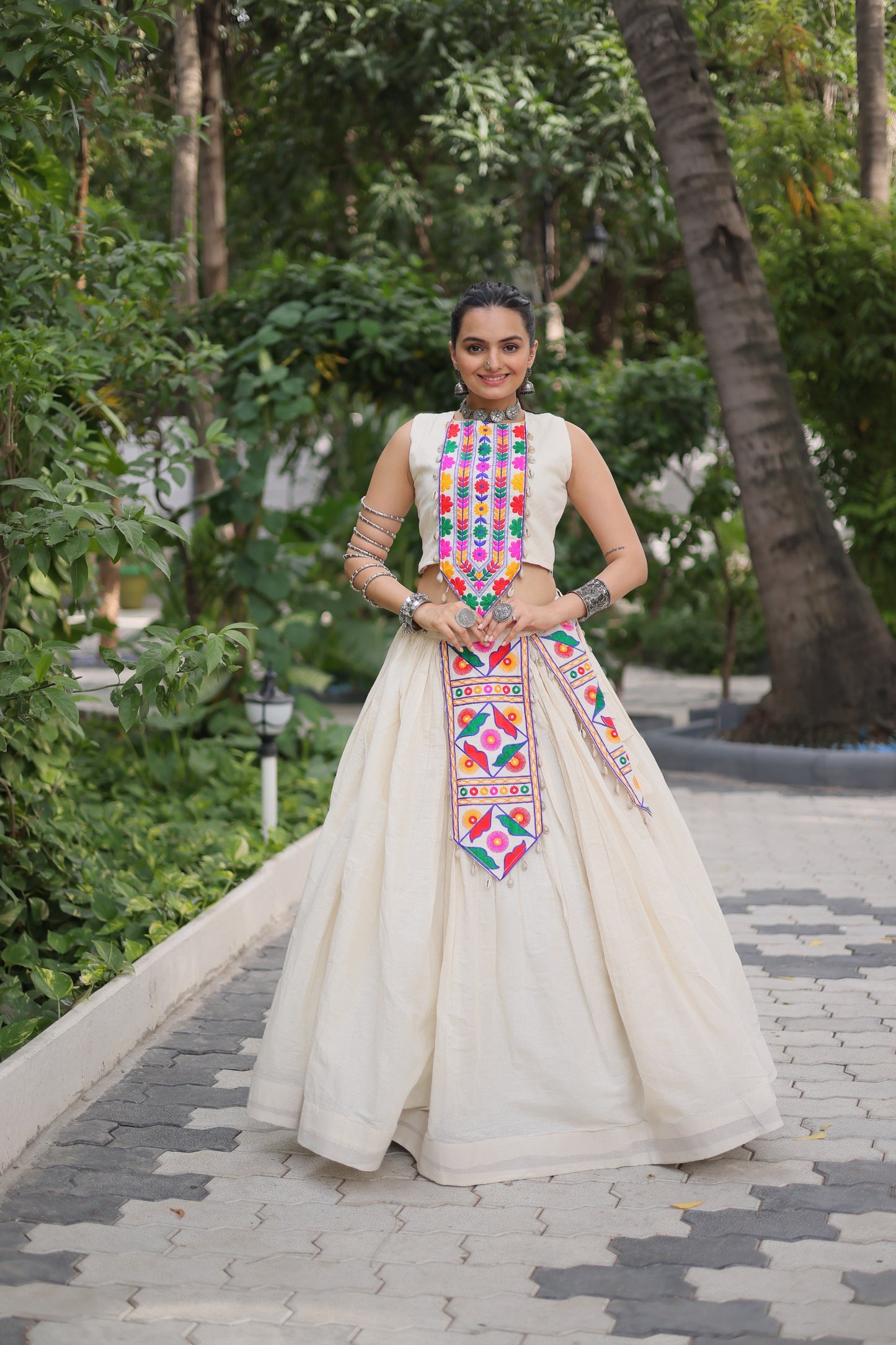 White color Kora Cotton Kutchi Work Lehenga With Top