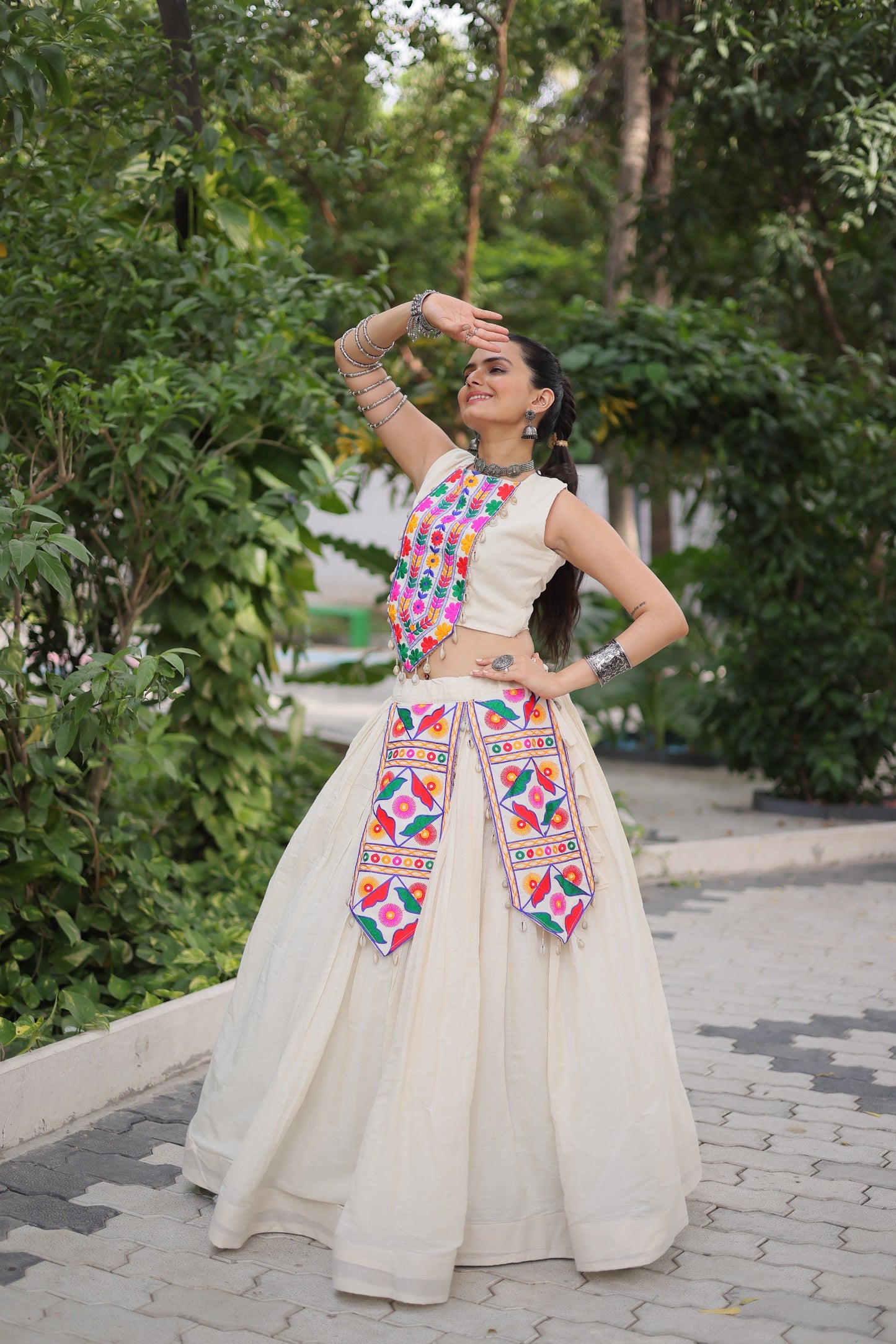 White color Kora Cotton Kutchi Work Lehenga With Top