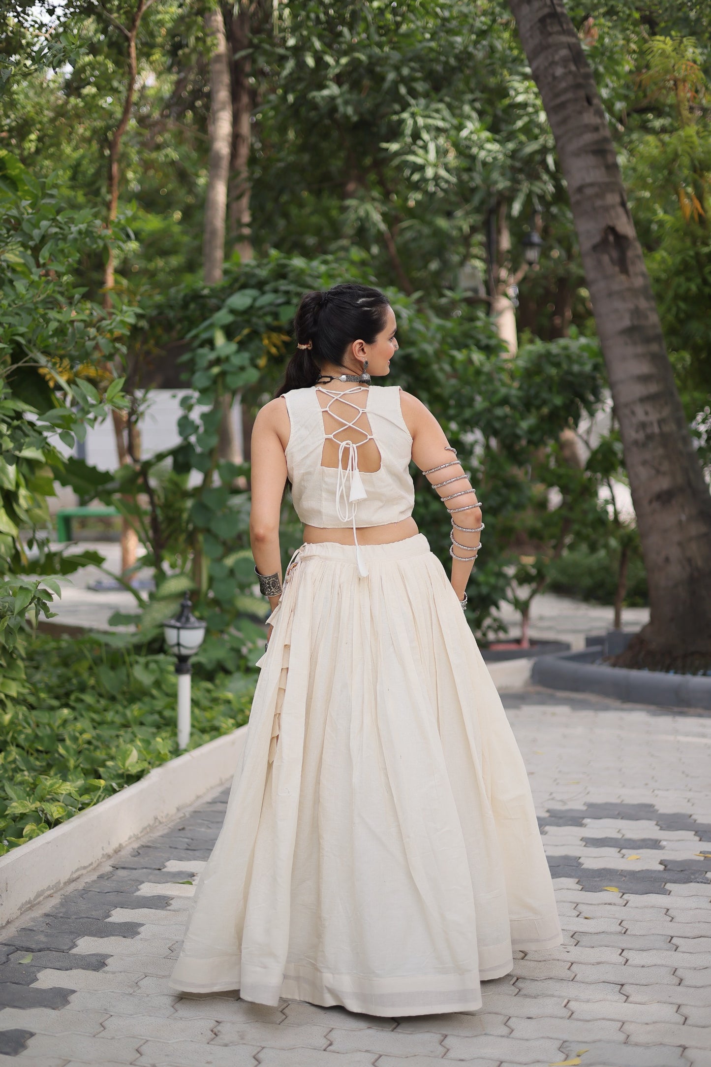 White color Kora Cotton Kutchi Work Lehenga With Top