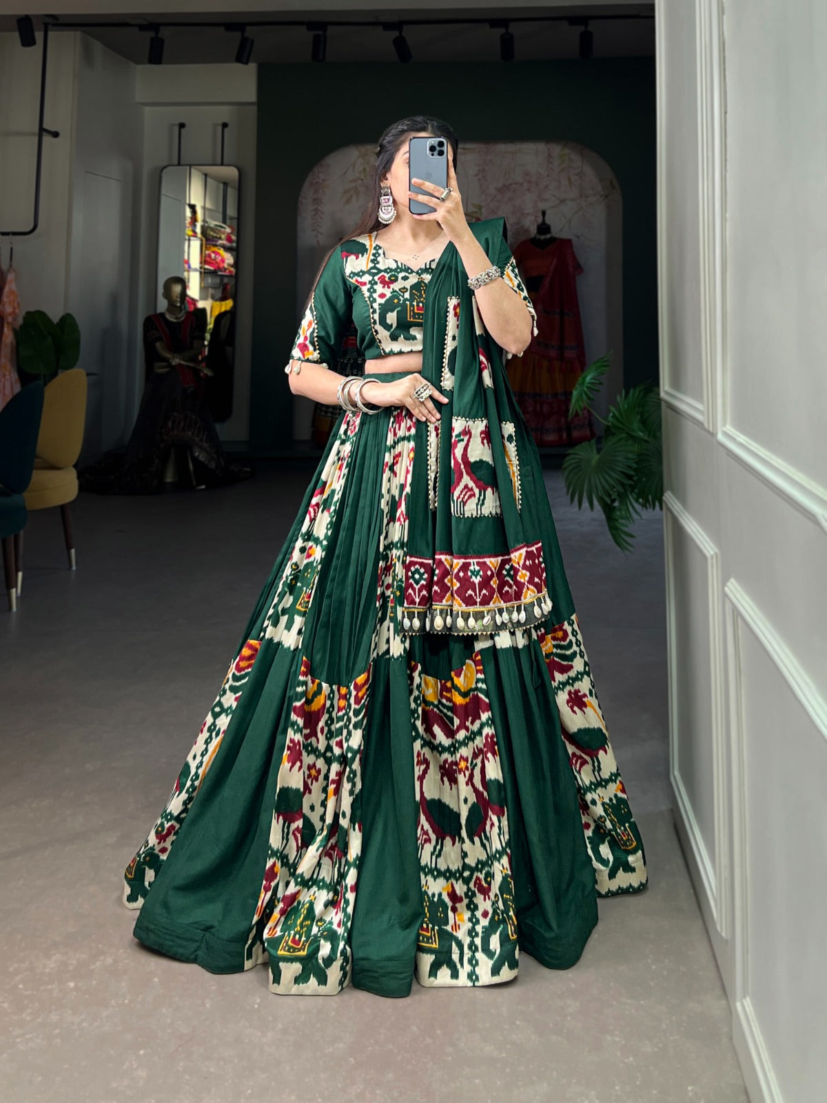 Green color Rayon with Printed Silk Lehenga