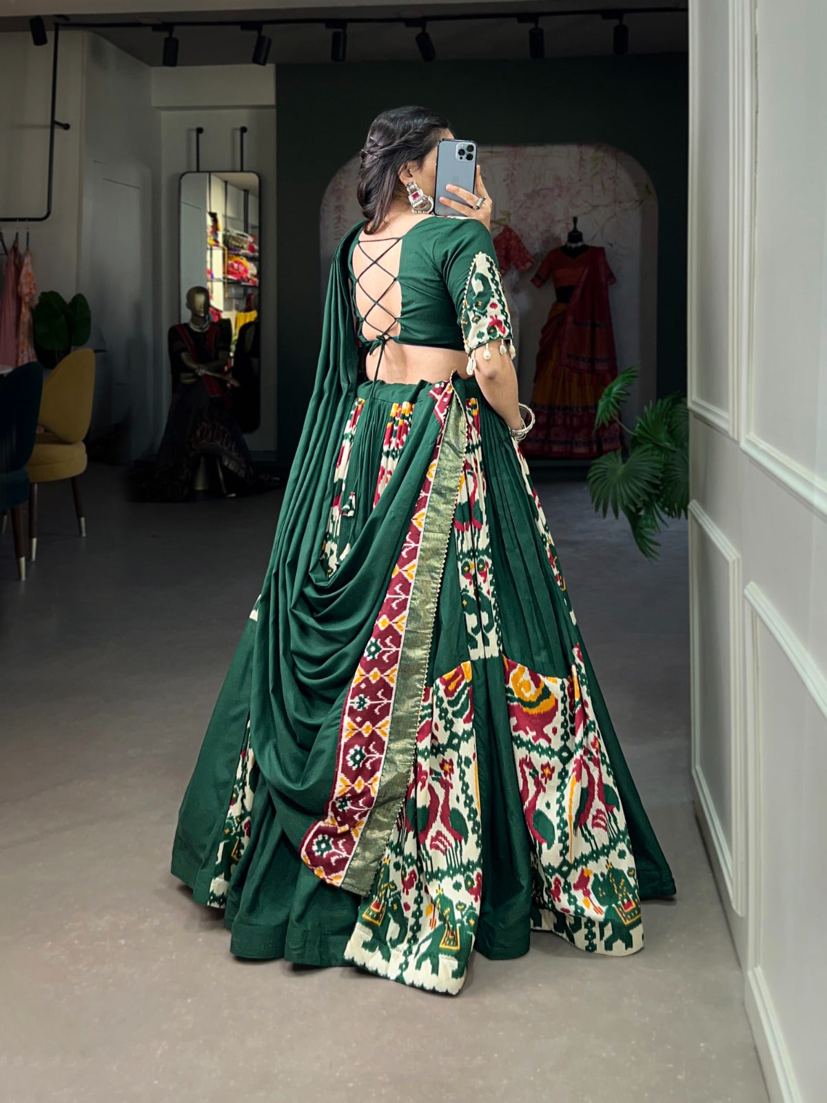 Green color Rayon with Printed Silk Lehenga