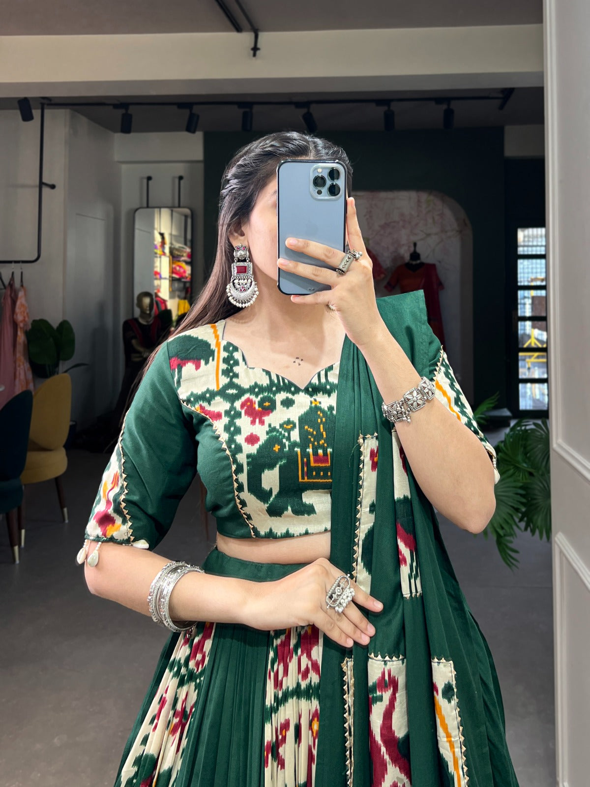 Green color Rayon with Printed Silk Lehenga