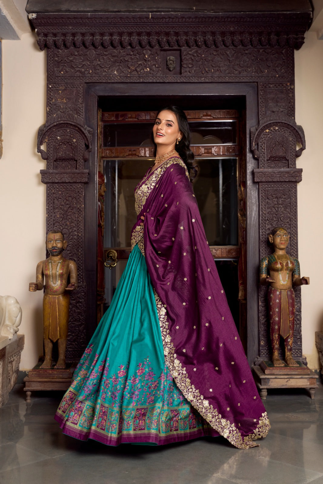 Firozi color Tasar Silk Printed with Foil Work Lehenga