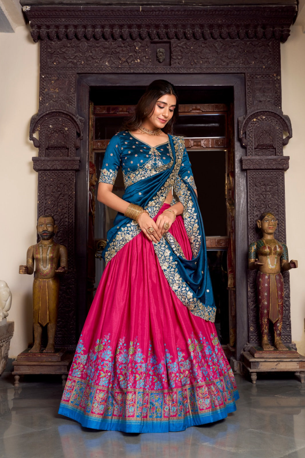 Pink color Tasar Silk Printed with Foil Work Lehenga