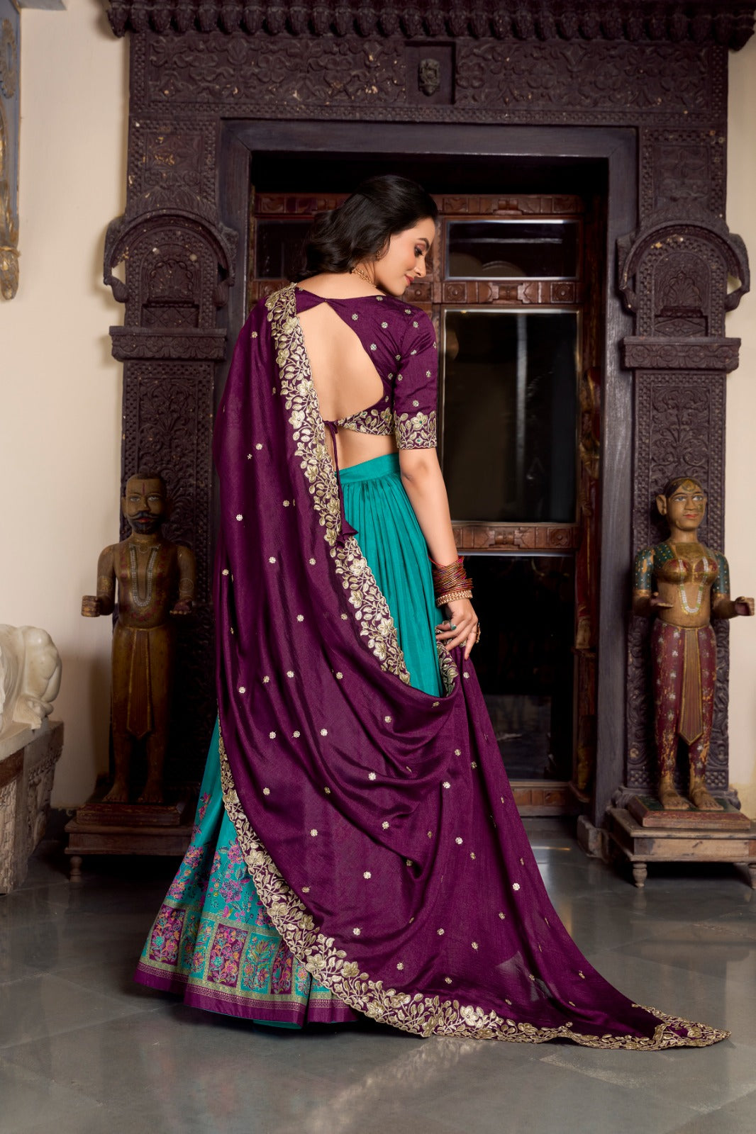 Firozi color Tasar Silk Printed with Foil Work Lehenga