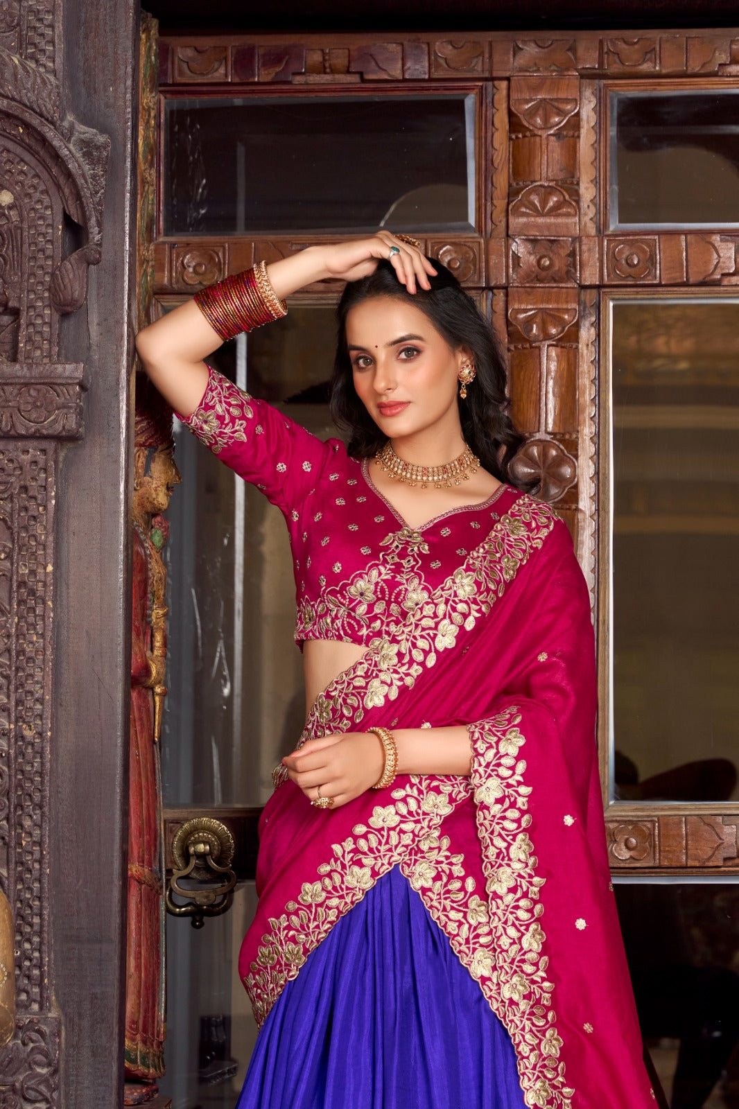Royal Blue color Tasar Silk Printed with Foil Work Lehenga