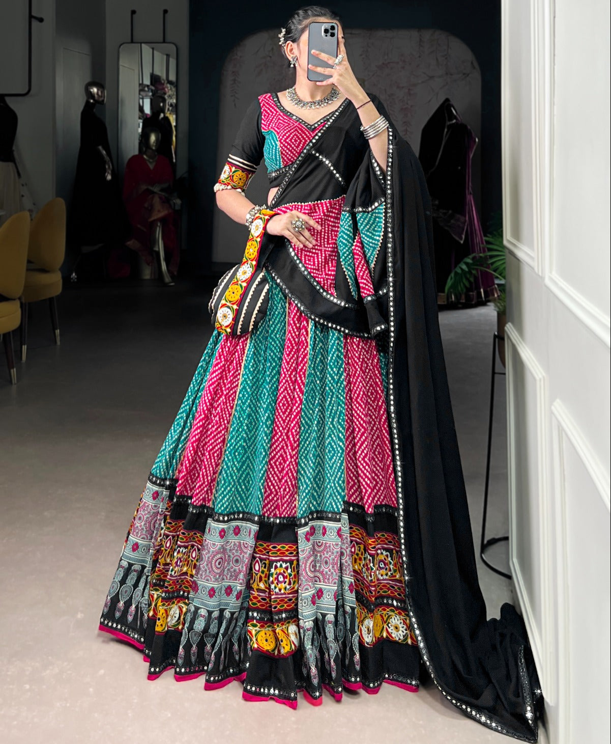 Pink Rayon Bandhej & Ajarakh Gamthi Work Lehenga
