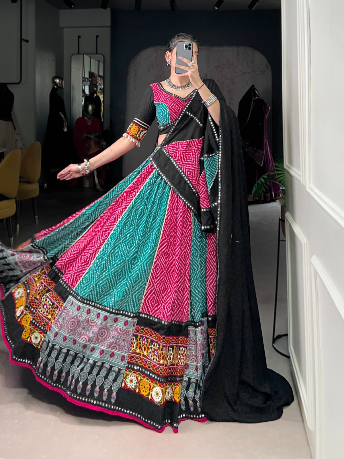 Pink Rayon Bandhej & Ajarakh Gamthi Work Lehenga