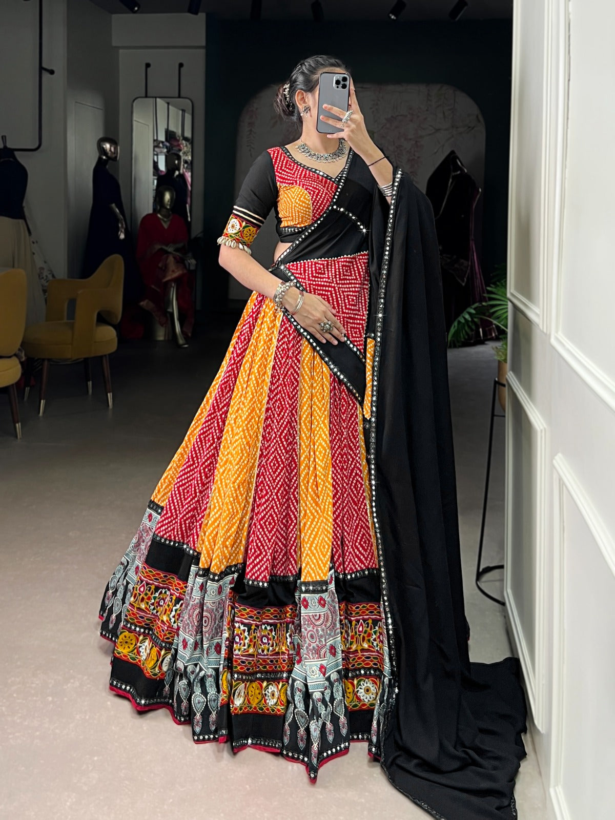 Yellow Rayon Bandhej & Ajarakh Gamthi Work Lehenga