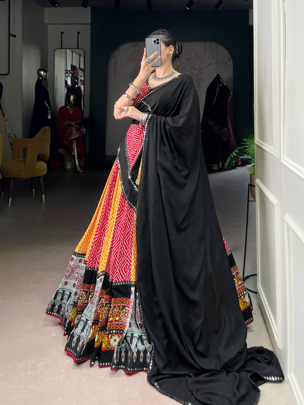 Yellow Rayon Bandhej & Ajarakh Gamthi Work Lehenga