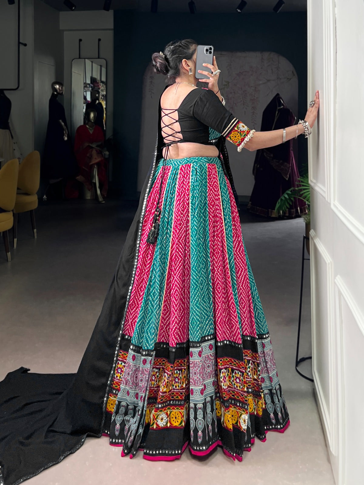 Pink Rayon Bandhej & Ajarakh Gamthi Work Lehenga