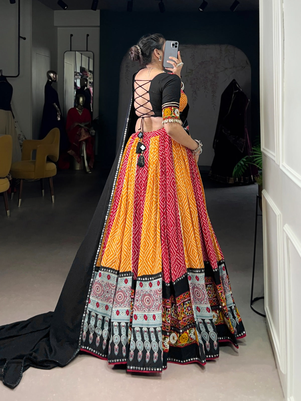 Yellow Rayon Bandhej & Ajarakh Gamthi Work Lehenga