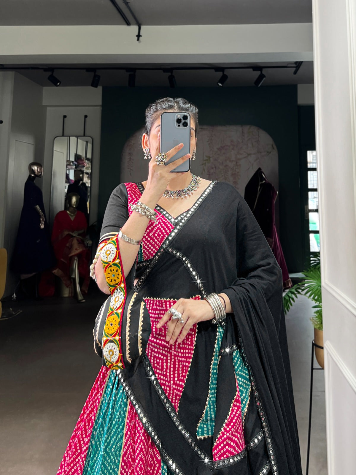 Pink Rayon Bandhej & Ajarakh Gamthi Work Lehenga