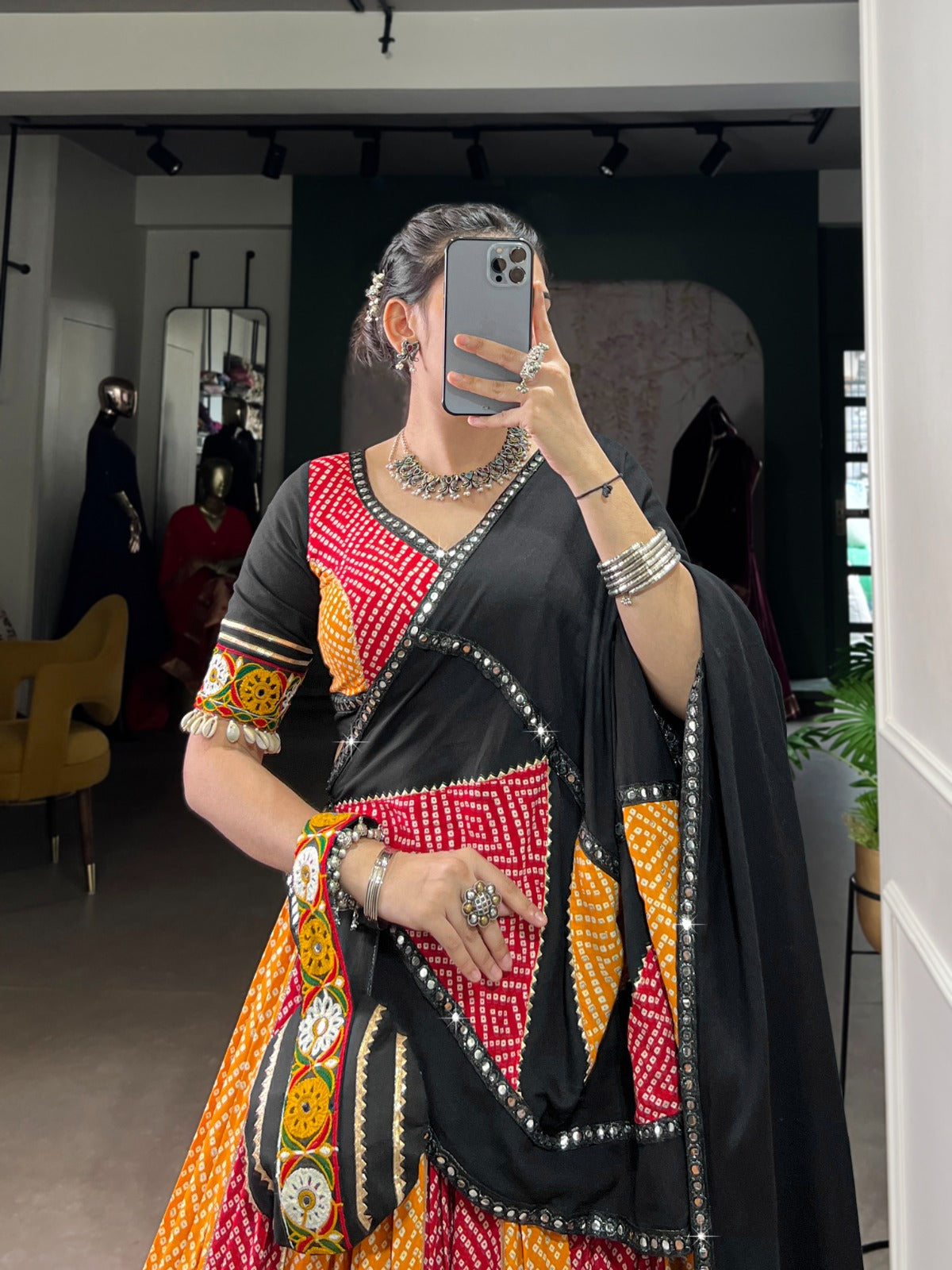 Yellow Rayon Bandhej & Ajarakh Gamthi Work Lehenga