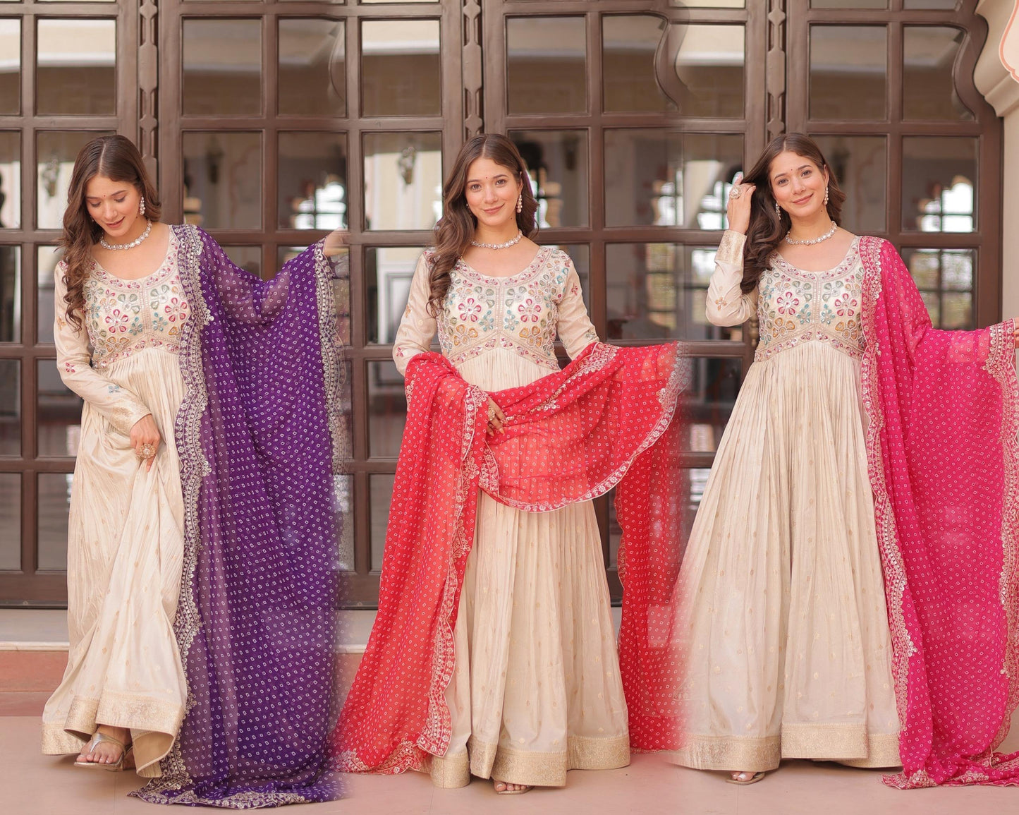 Pink Cosmos Weaving Jacquard with Pearl Beads Embroidered Work Gown With Dupatta