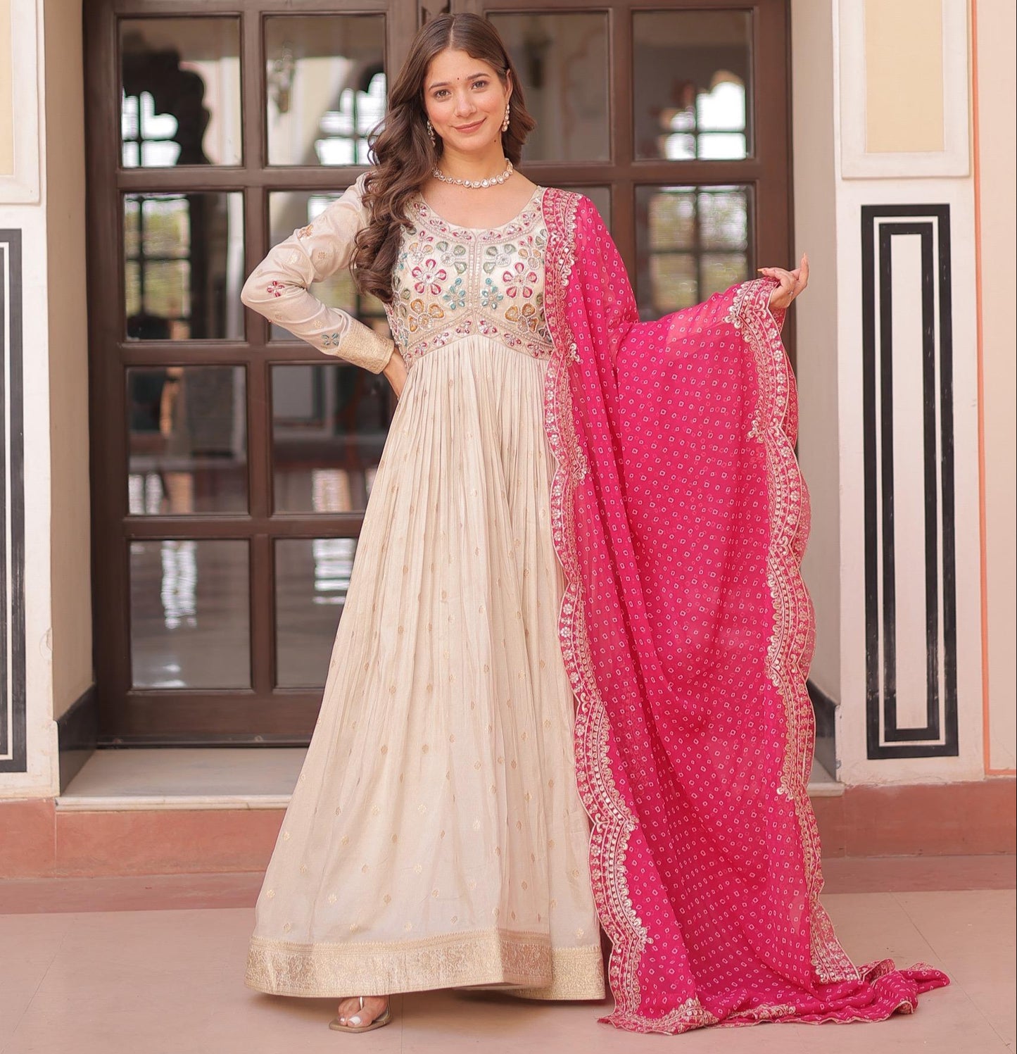 Pink Cosmos Weaving Jacquard with Pearl Beads Embroidered Work Gown With Dupatta