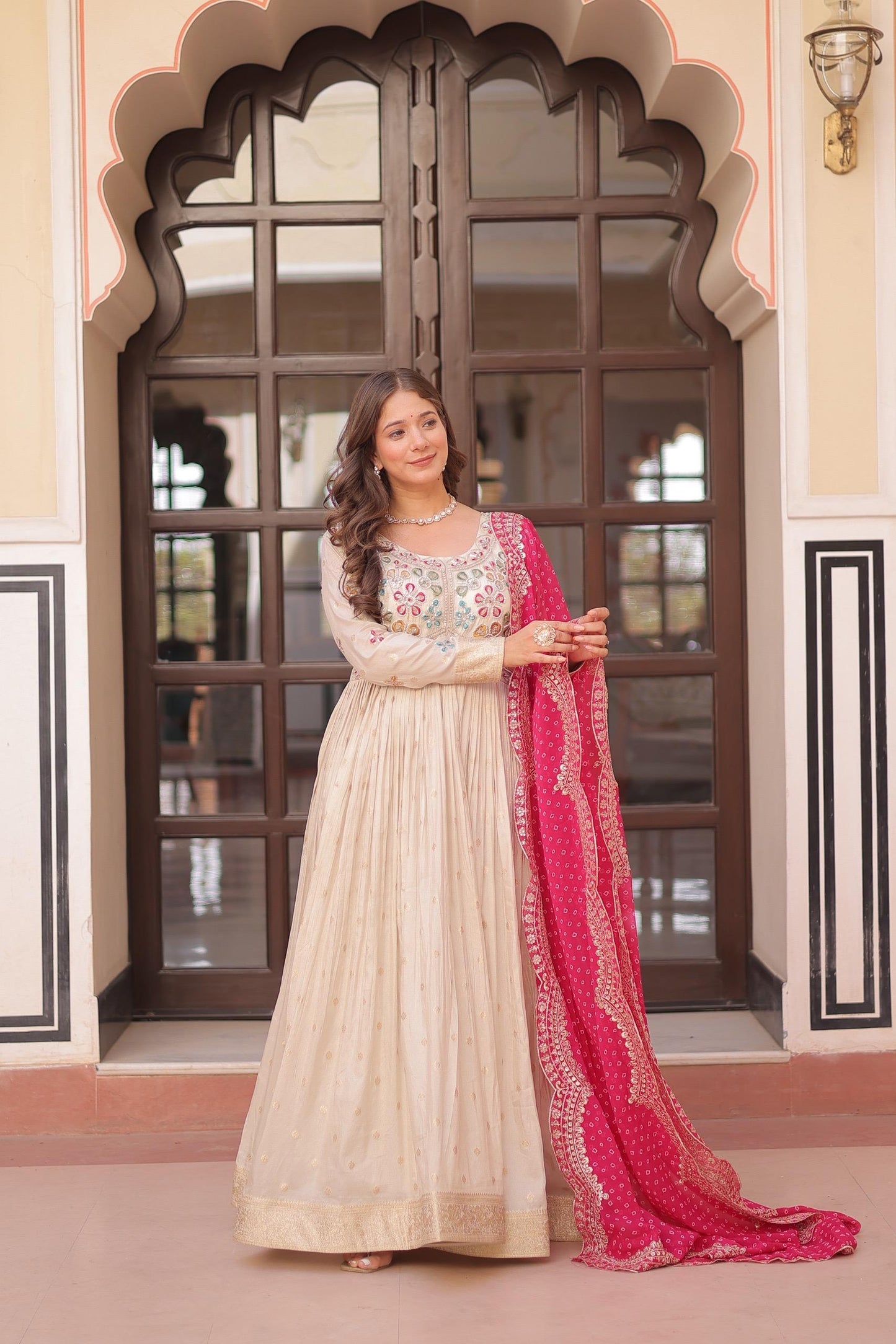 Pink Cosmos Weaving Jacquard with Pearl Beads Embroidered Work Gown With Dupatta