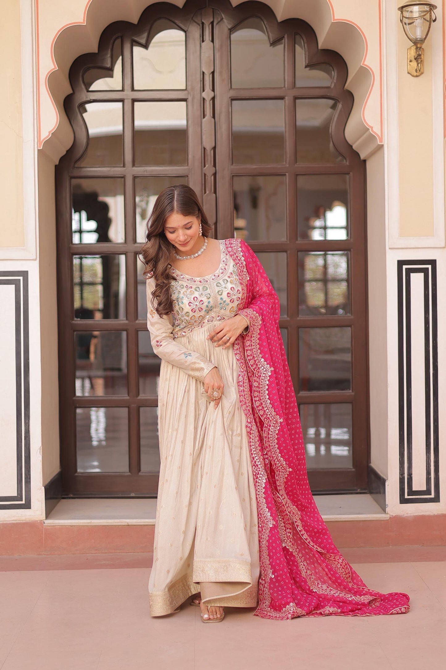 Pink Cosmos Weaving Jacquard with Pearl Beads Embroidered Work Gown With Dupatta