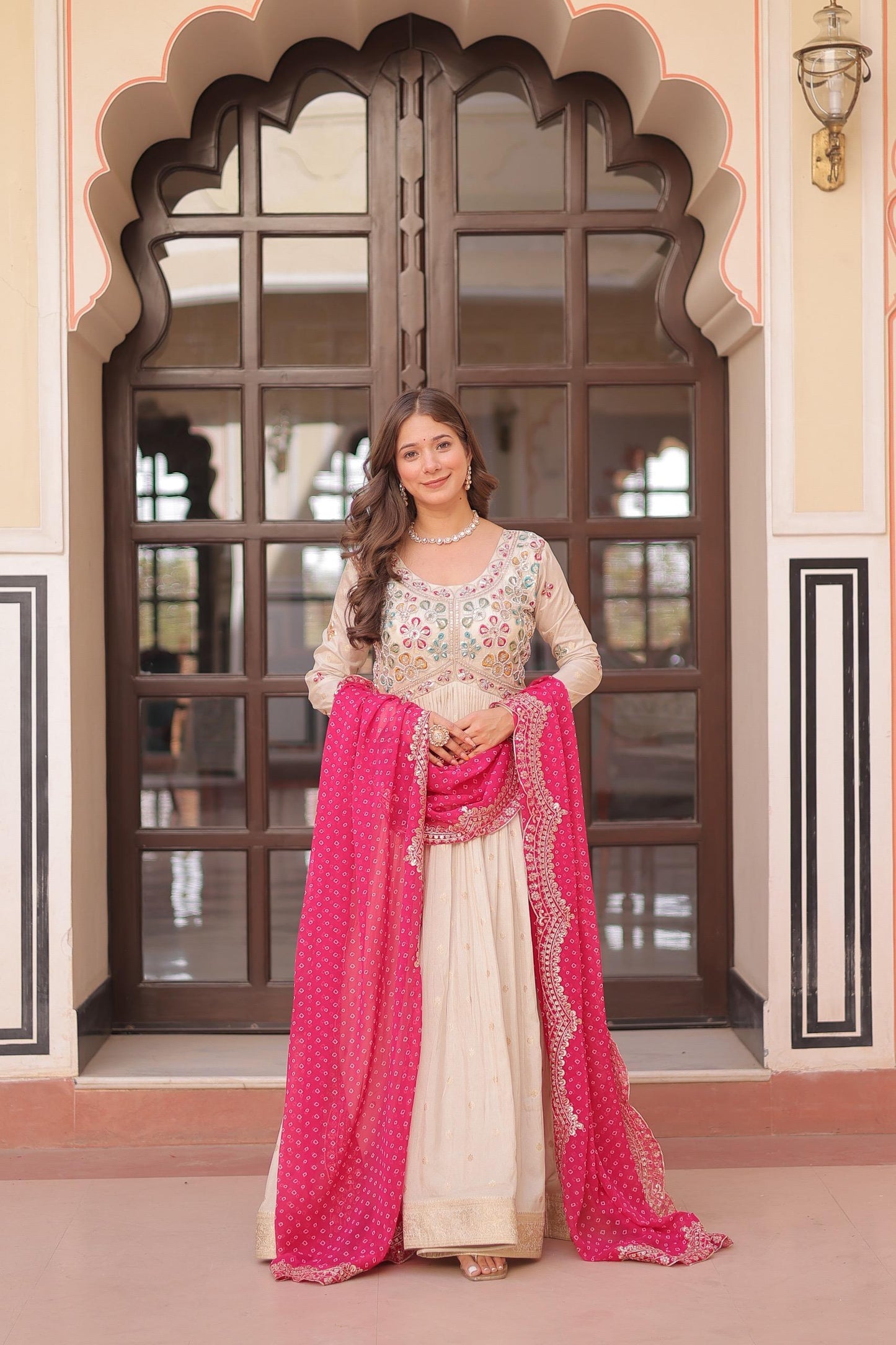 Pink Cosmos Weaving Jacquard with Pearl Beads Embroidered Work Gown With Dupatta