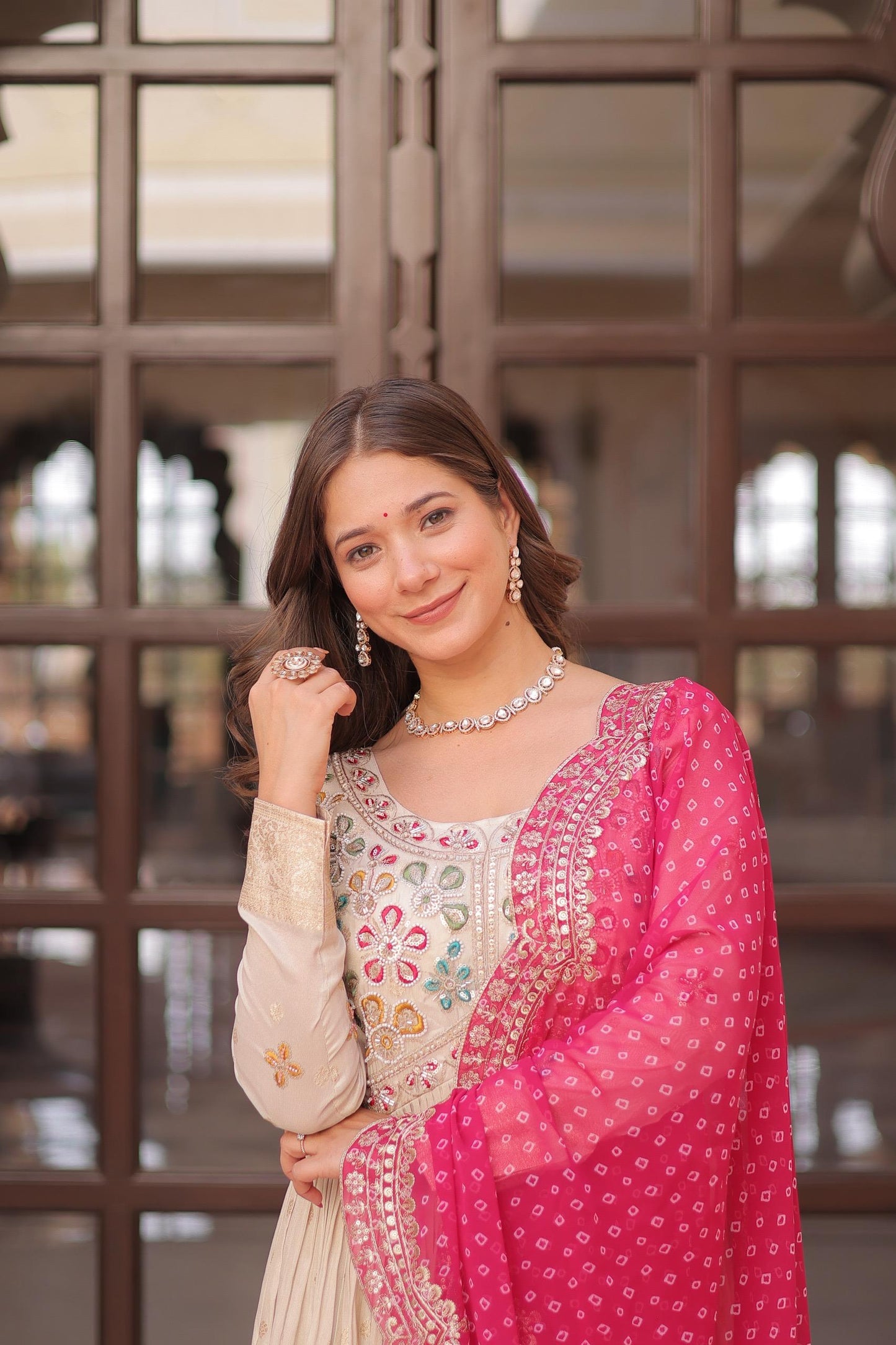 Pink Cosmos Weaving Jacquard with Pearl Beads Embroidered Work Gown With Dupatta