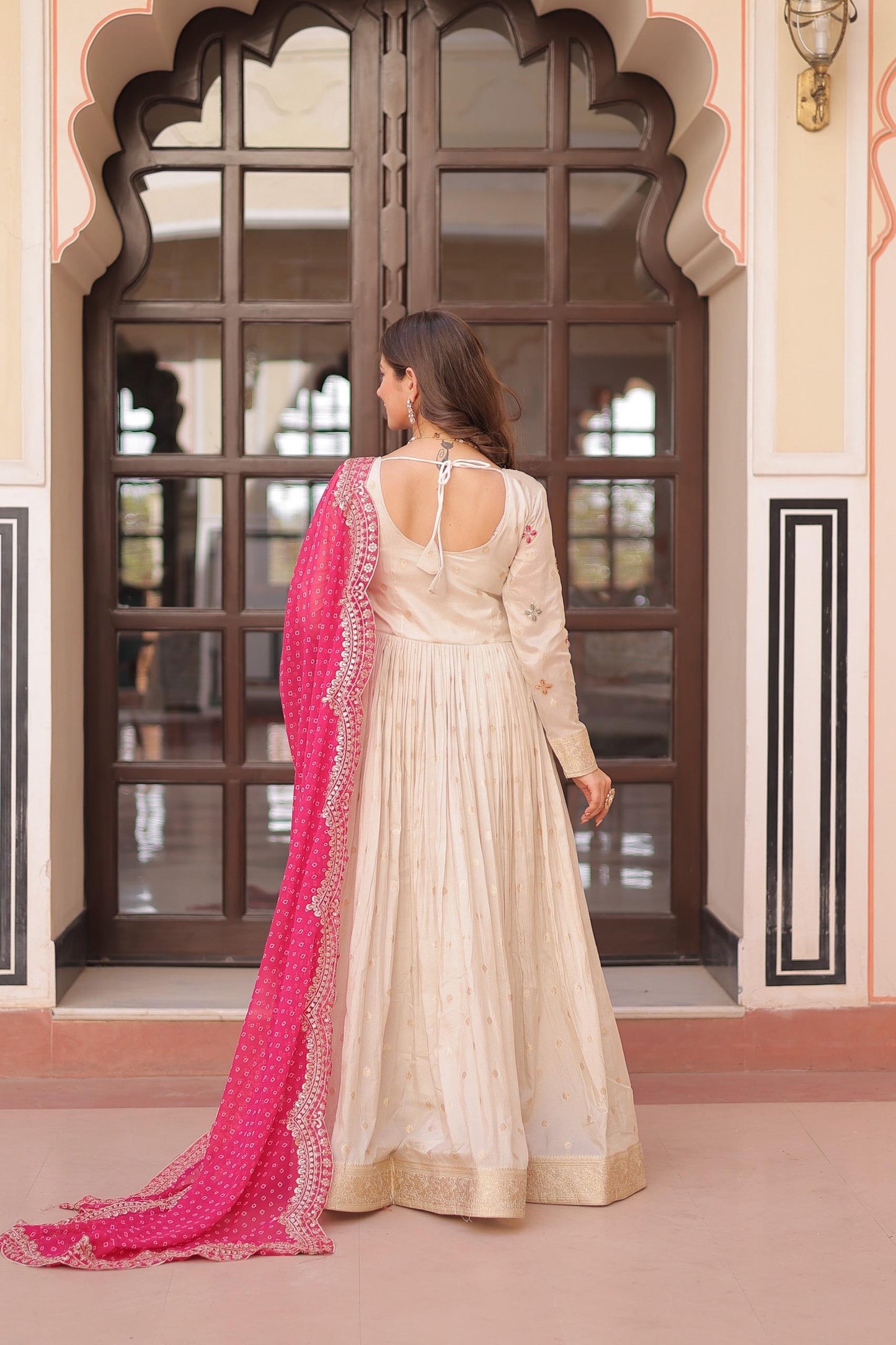 Pink Cosmos Weaving Jacquard with Pearl Beads Embroidered Work Gown With Dupatta