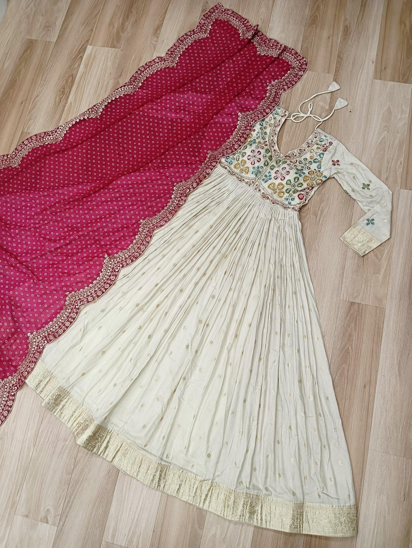 Pink Cosmos Weaving Jacquard with Pearl Beads Embroidered Work Gown With Dupatta
