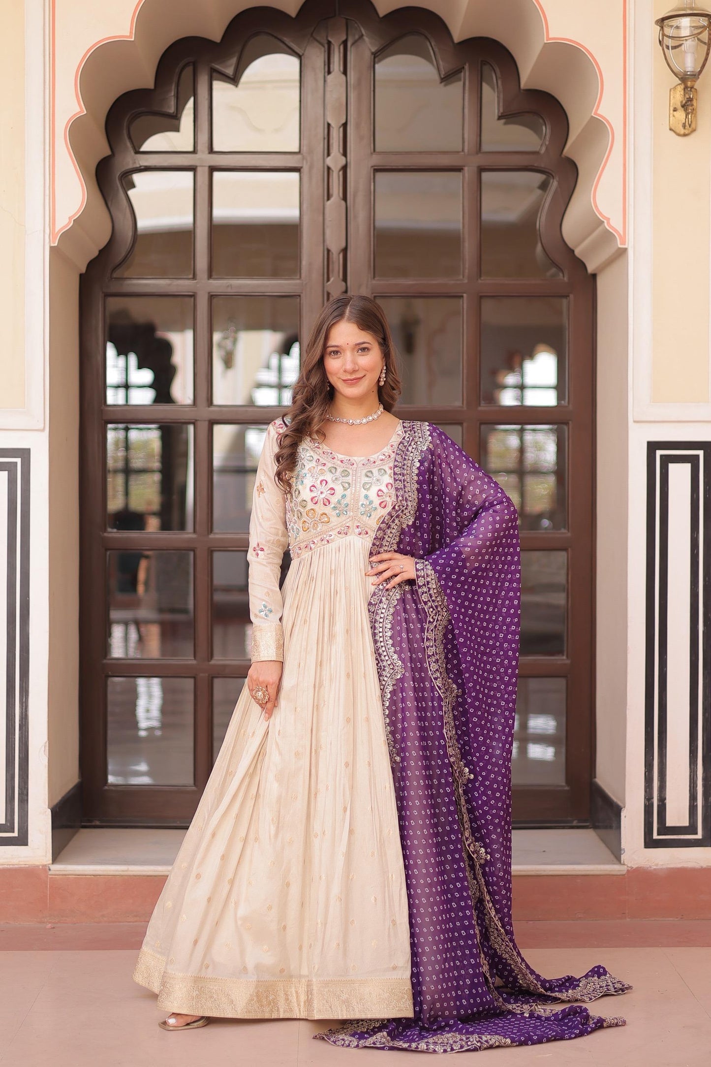 Pink Cosmos Weaving Jacquard with Pearl Beads Embroidered Work Gown With Dupatta