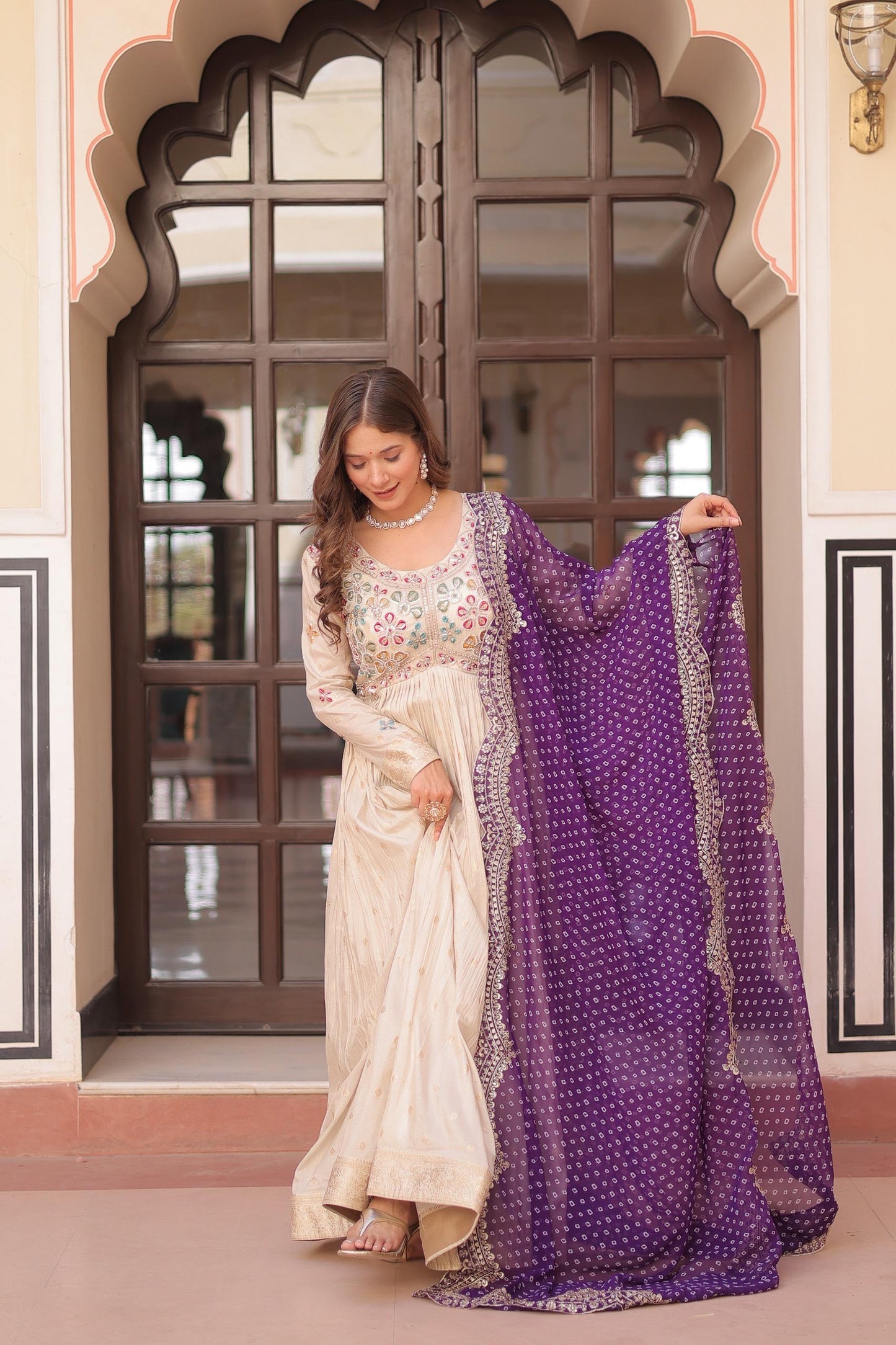 Pink Cosmos Weaving Jacquard with Pearl Beads Embroidered Work Gown With Dupatta