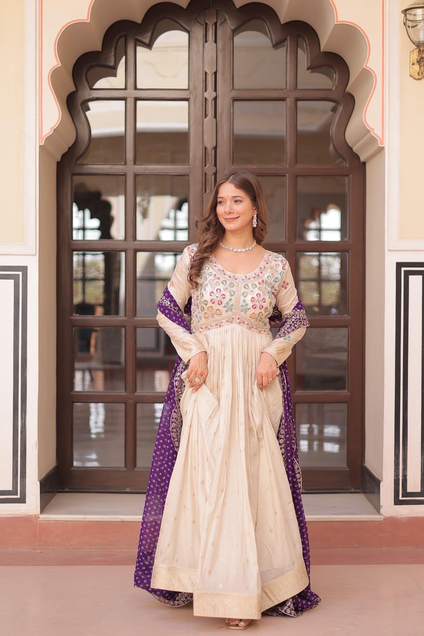 Pink Cosmos Weaving Jacquard with Pearl Beads Embroidered Work Gown With Dupatta