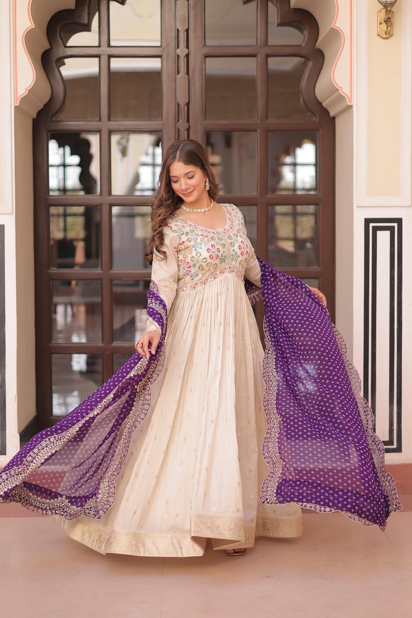 Pink Cosmos Weaving Jacquard with Pearl Beads Embroidered Work Gown With Dupatta