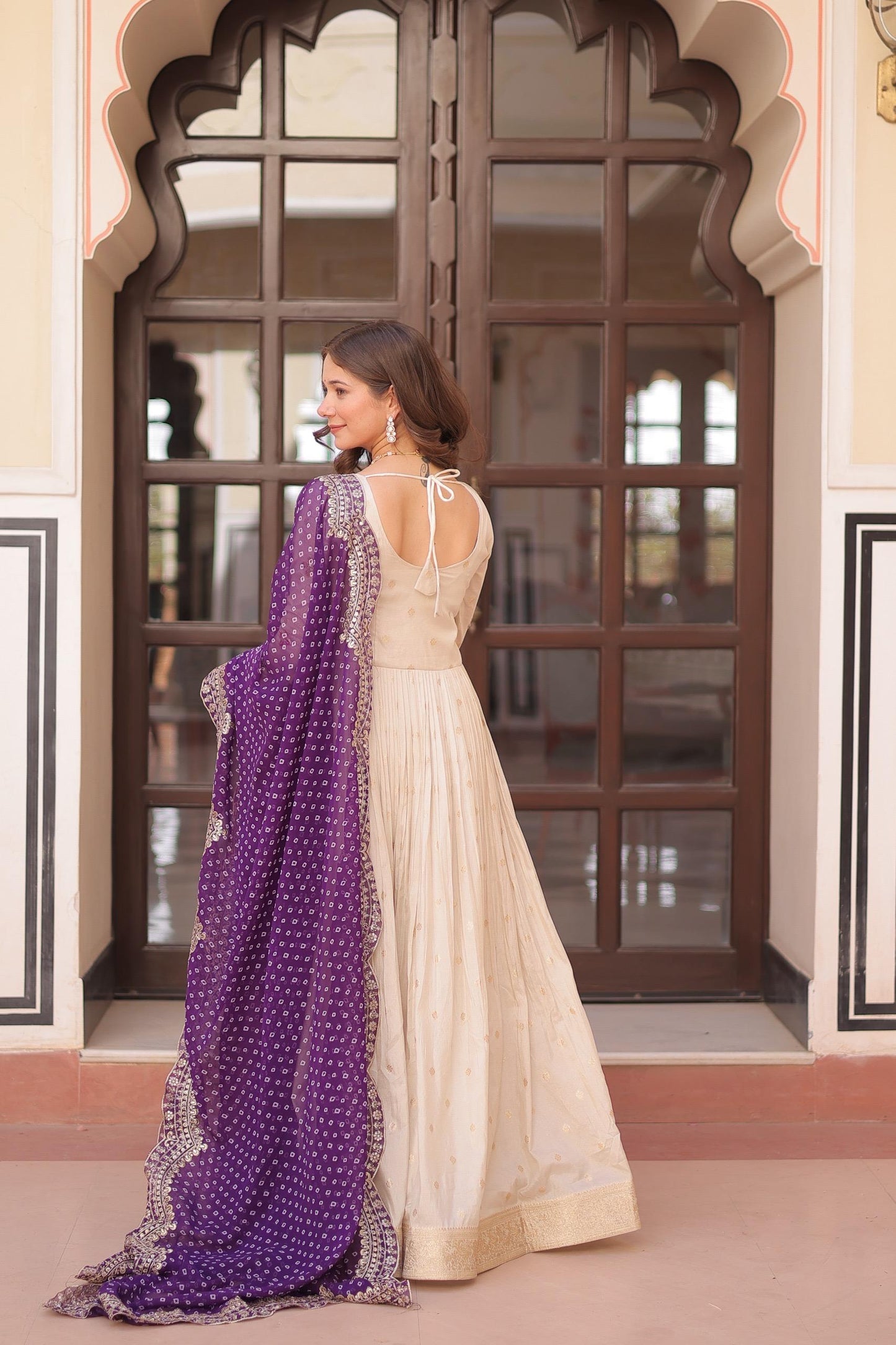 Pink Cosmos Weaving Jacquard with Pearl Beads Embroidered Work Gown With Dupatta