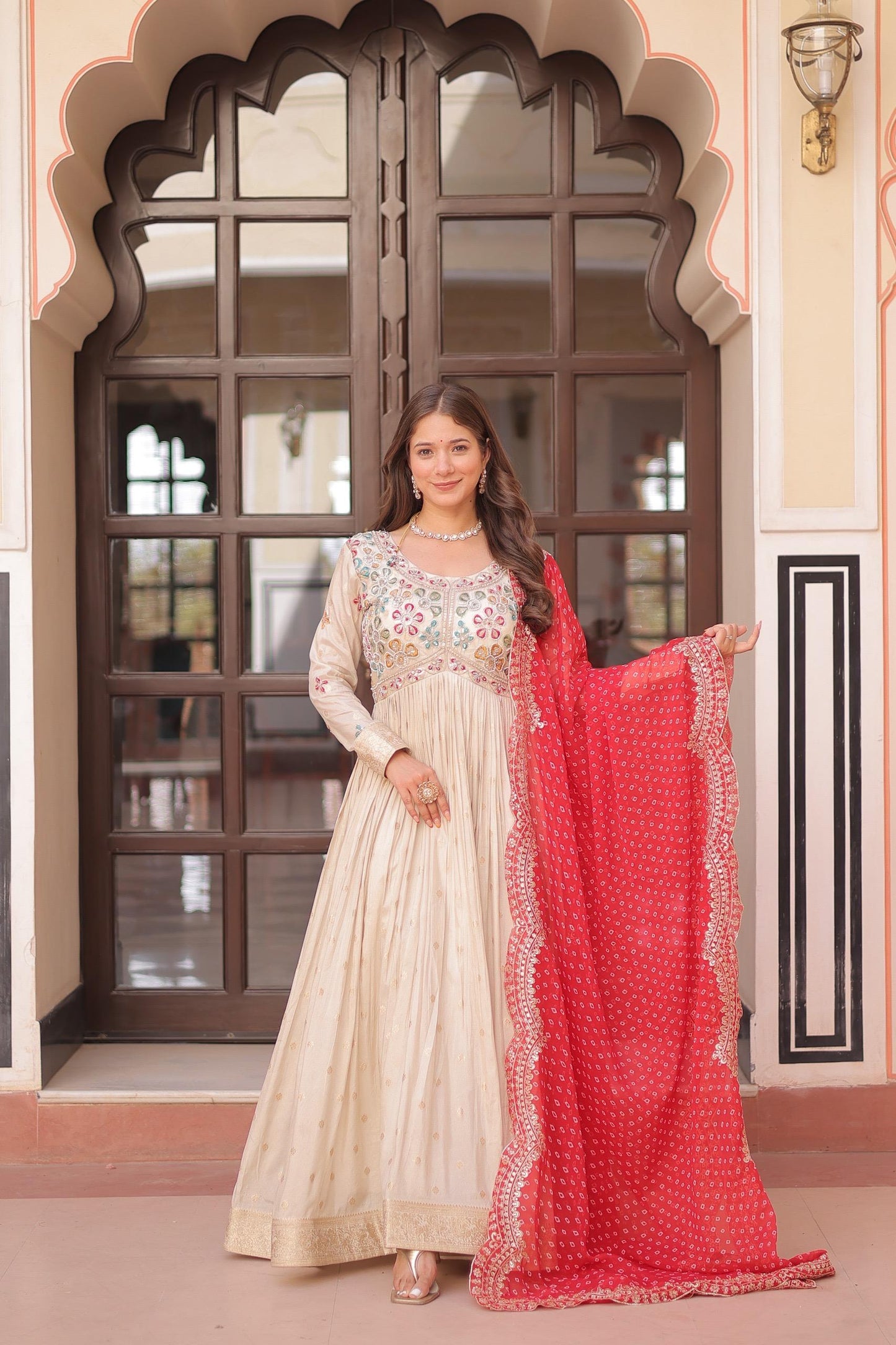 Pink Cosmos Weaving Jacquard with Pearl Beads Embroidered Work Gown With Dupatta
