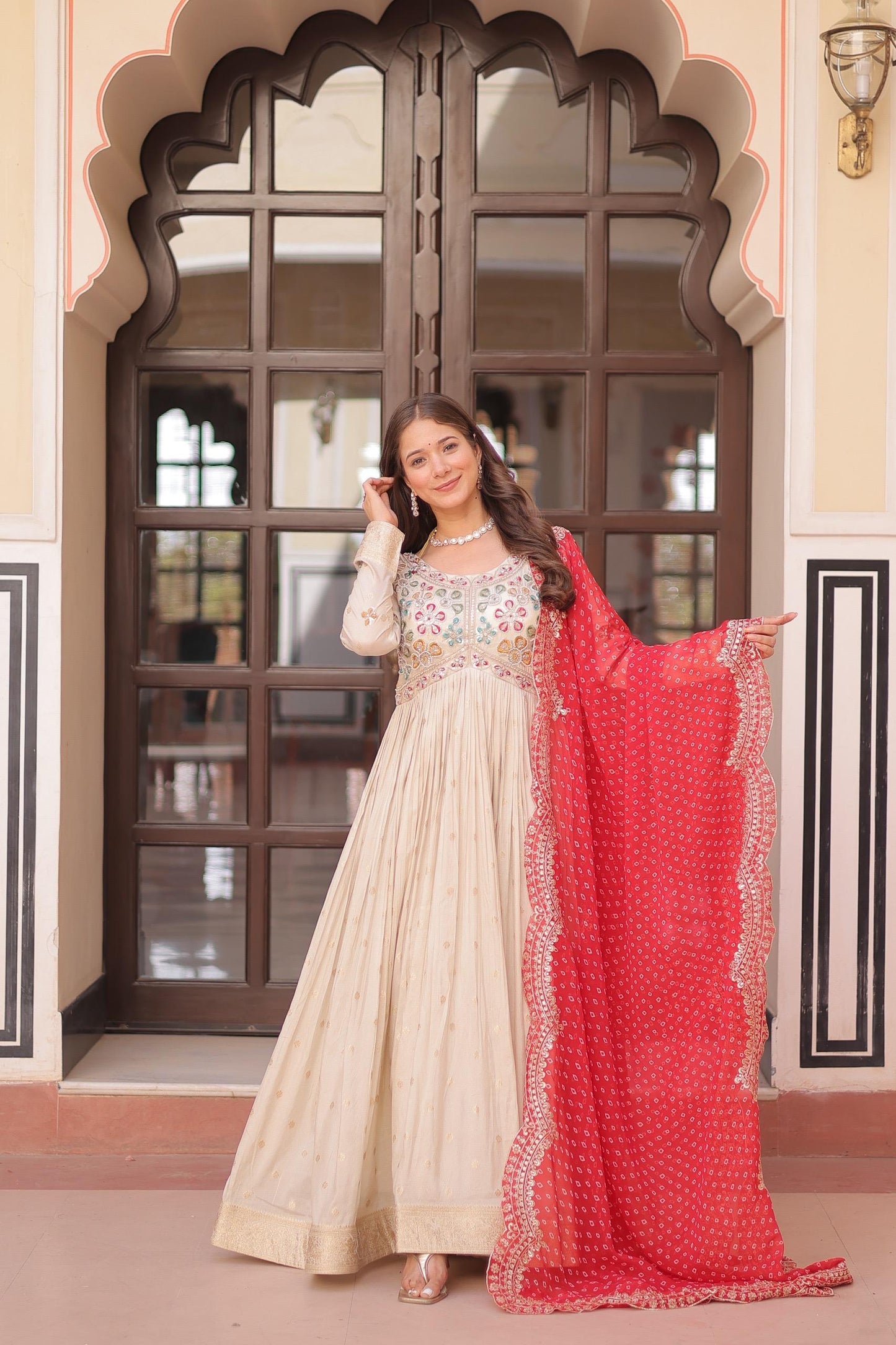 Pink Cosmos Weaving Jacquard with Pearl Beads Embroidered Work Gown With Dupatta