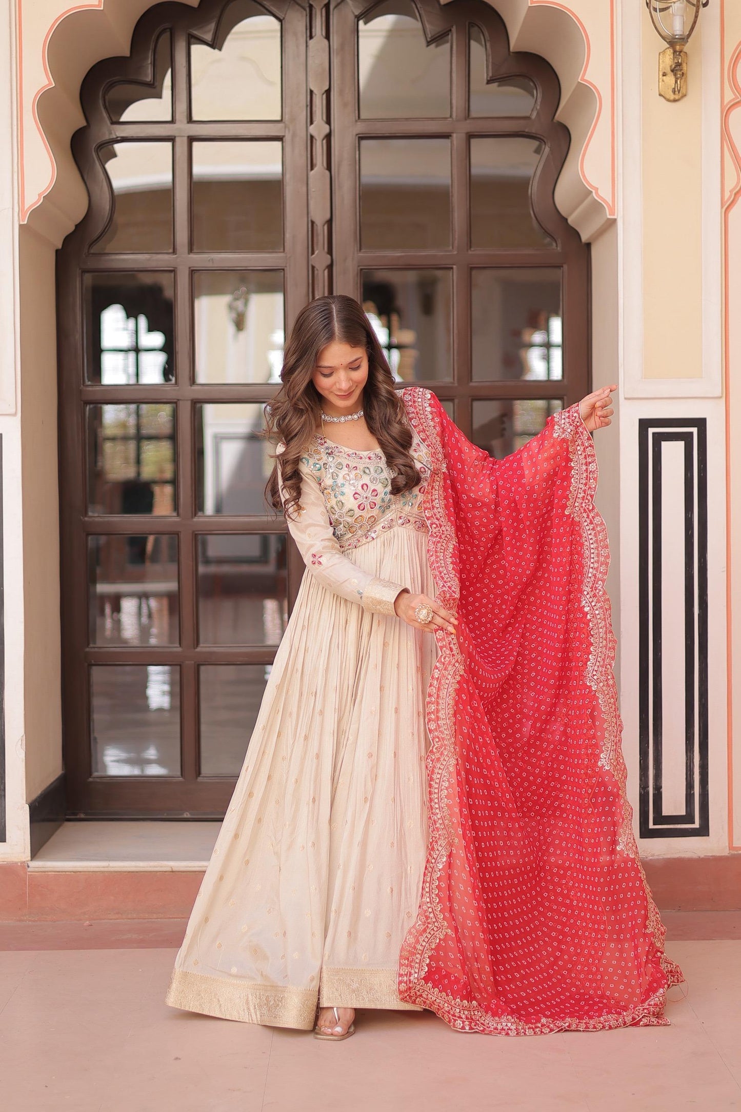 Pink Cosmos Weaving Jacquard with Pearl Beads Embroidered Work Gown With Dupatta