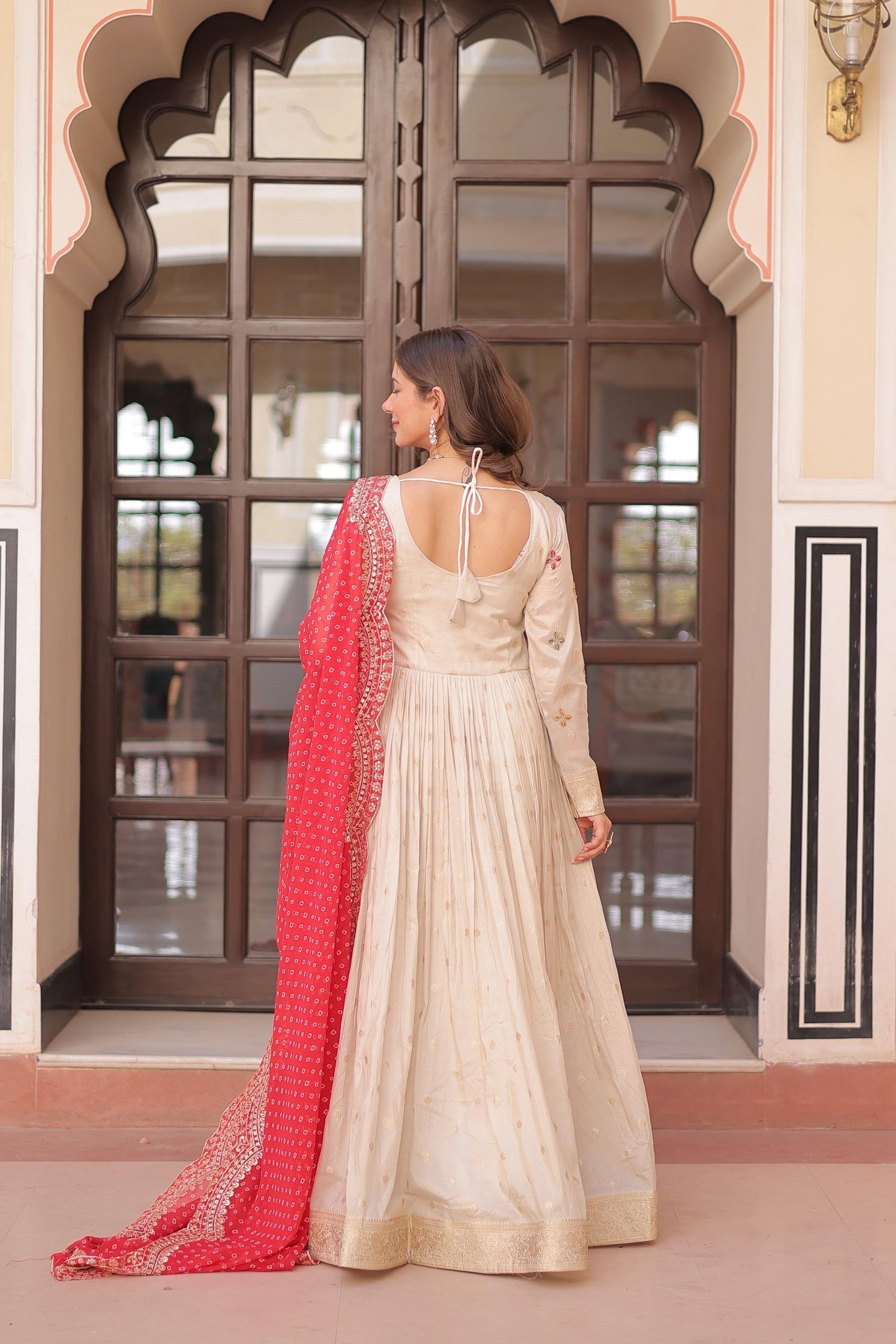 Pink Cosmos Weaving Jacquard with Pearl Beads Embroidered Work Gown With Dupatta