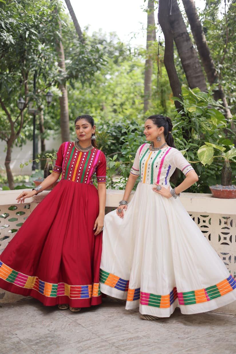 White Multicolor Thread and Mirror Work Gown