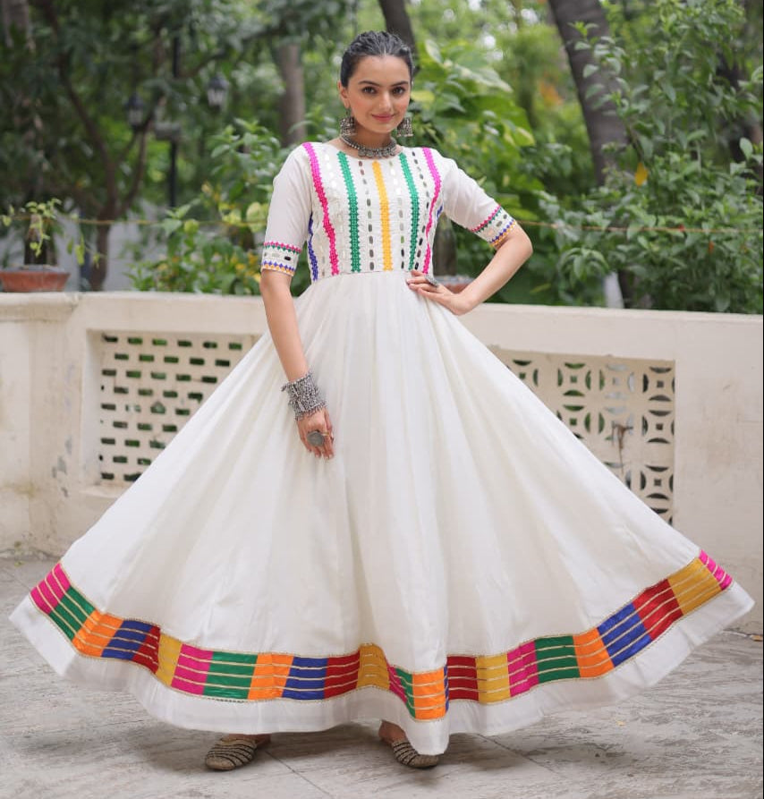 White Multicolor Thread and Mirror Work Gown