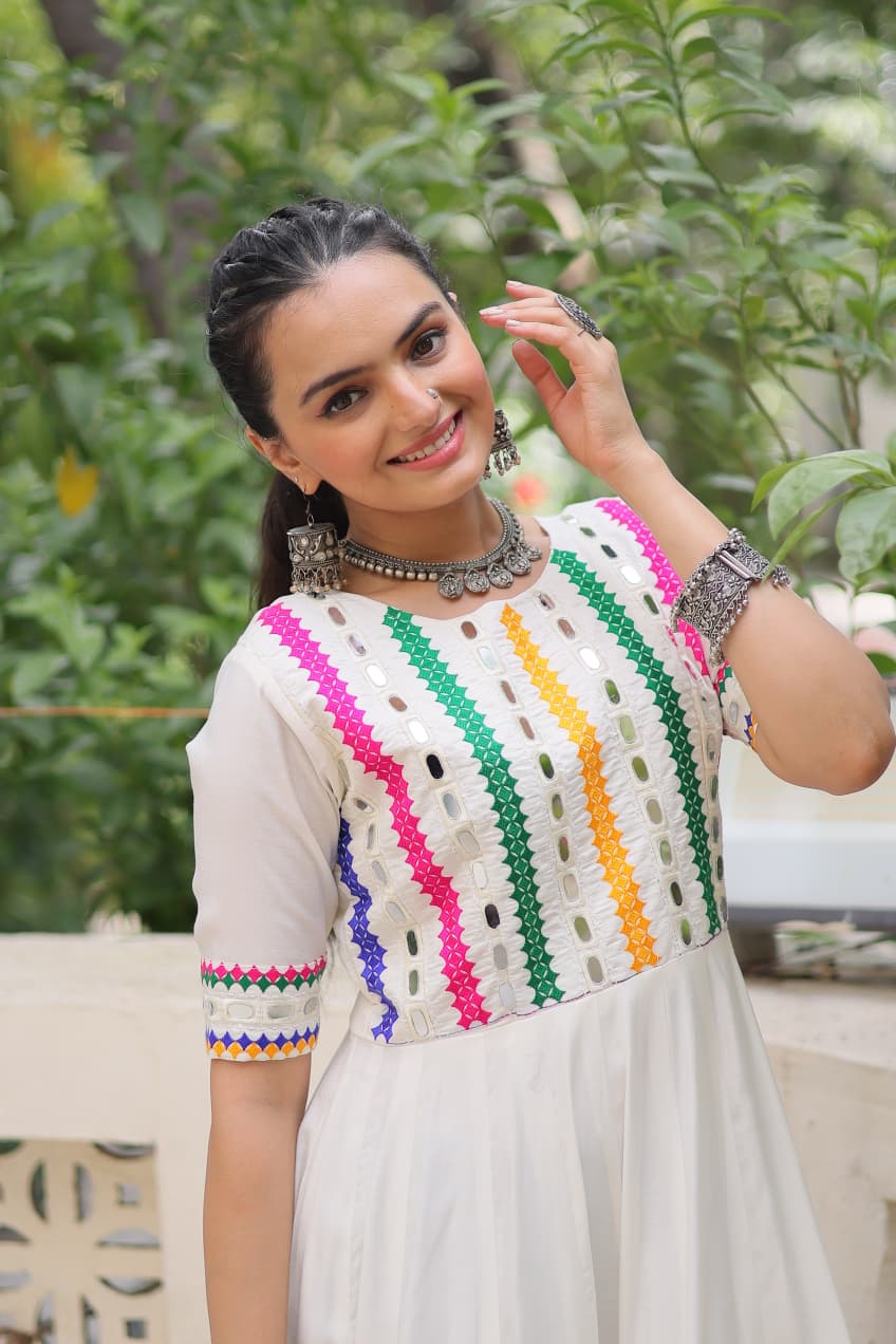 White Multicolor Thread and Mirror Work Gown