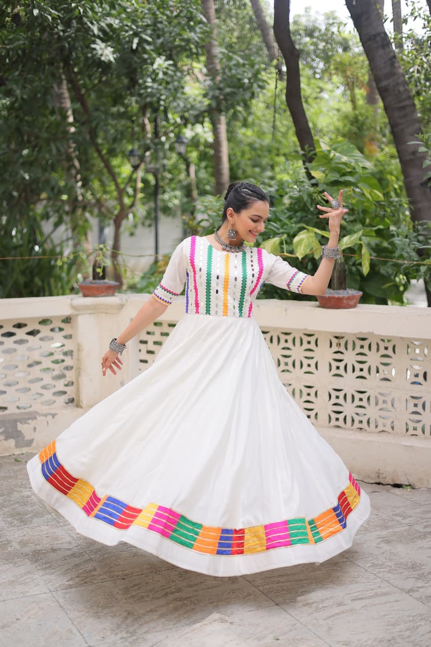 White Multicolor Thread and Mirror Work Gown