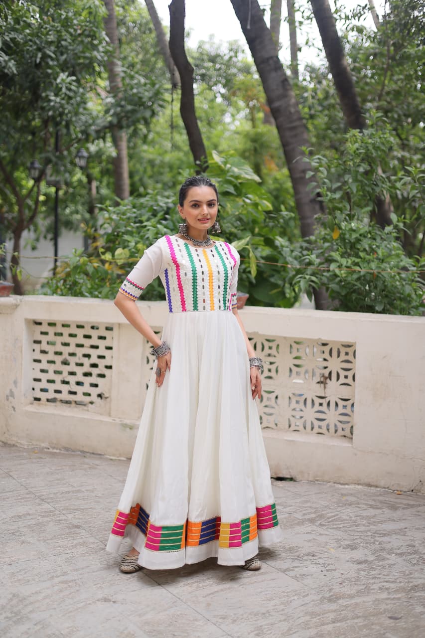 White Multicolor Thread and Mirror Work Gown