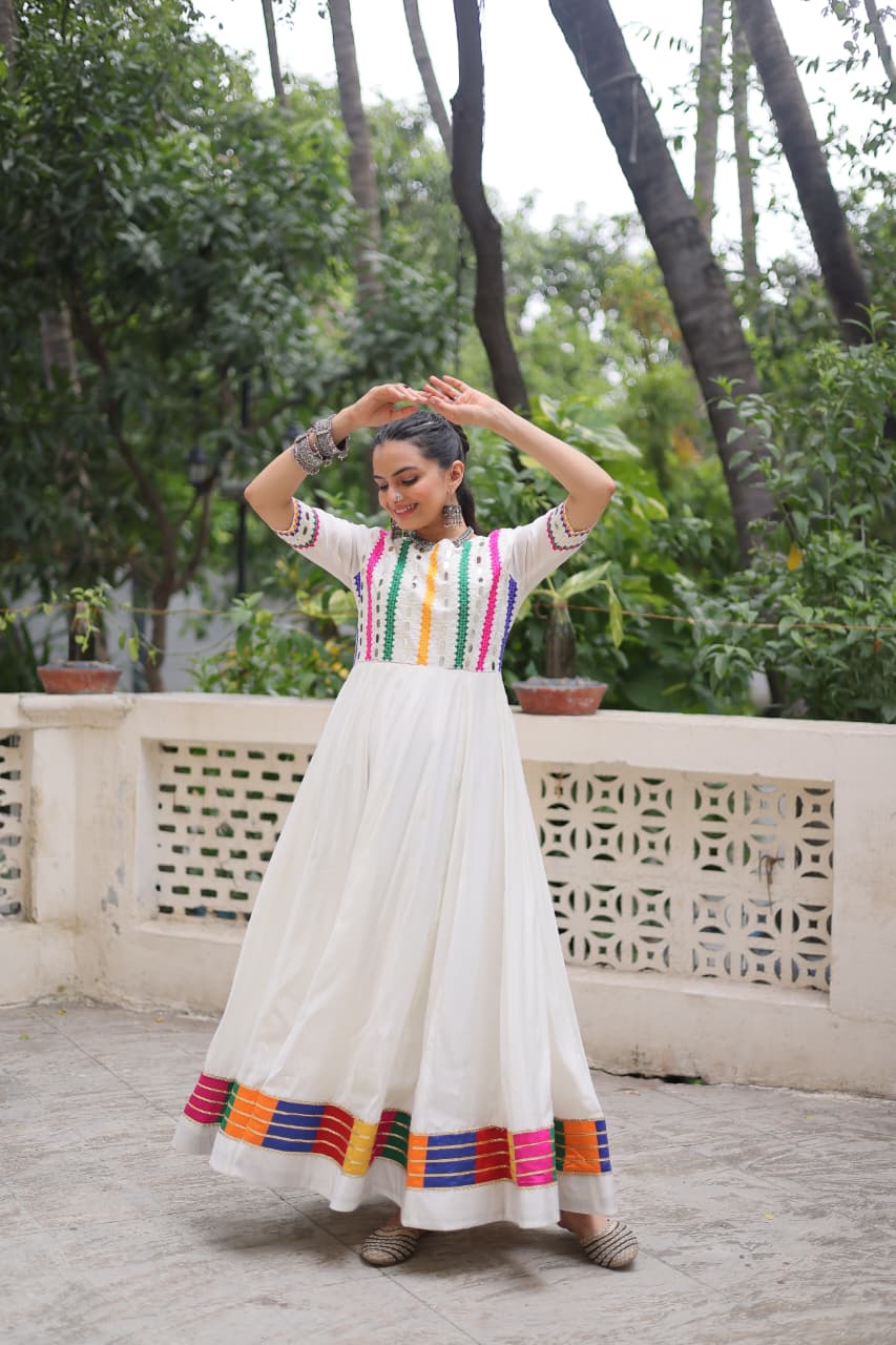White Multicolor Thread and Mirror Work Gown
