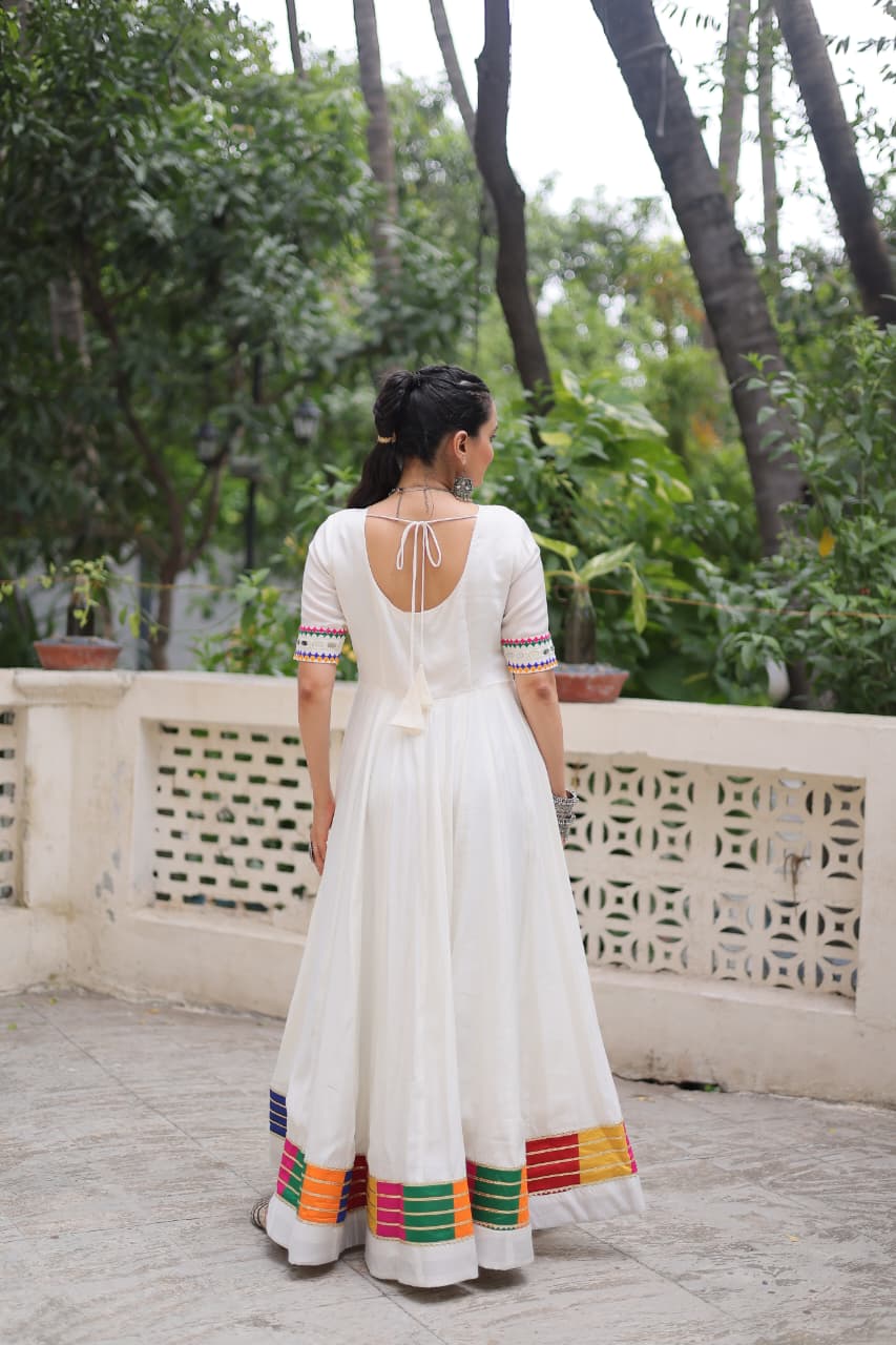 White Multicolor Thread and Mirror Work Gown