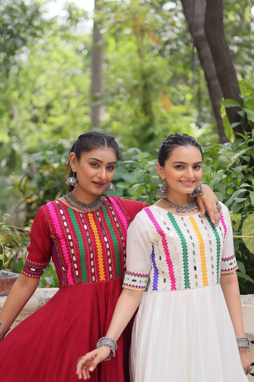 Red Multicolor Thread and Mirror Work Gown