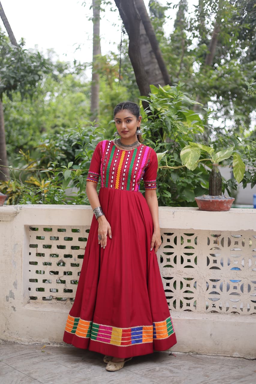 Red Multicolor Thread and Mirror Work Gown