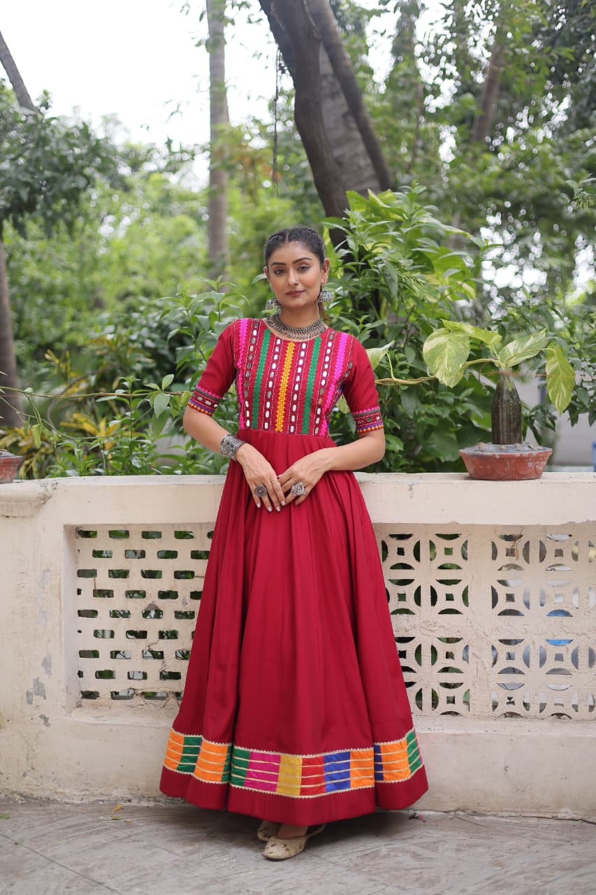 Red Multicolor Thread and Mirror Work Gown