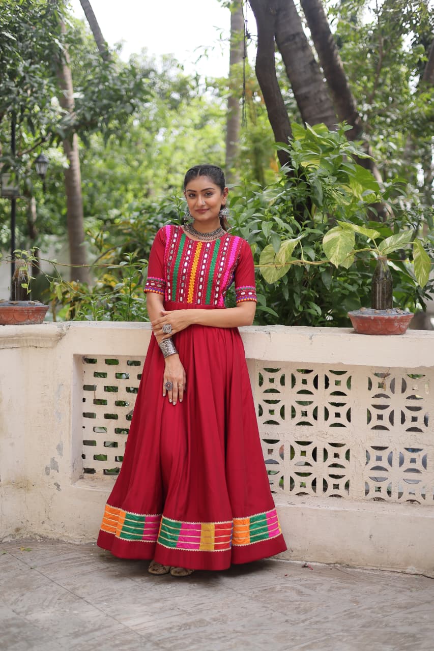 Red Multicolor Thread and Mirror Work Gown