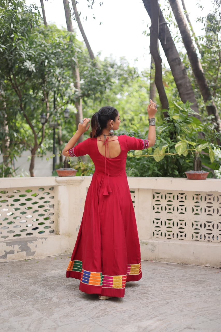 Red Multicolor Thread and Mirror Work Gown