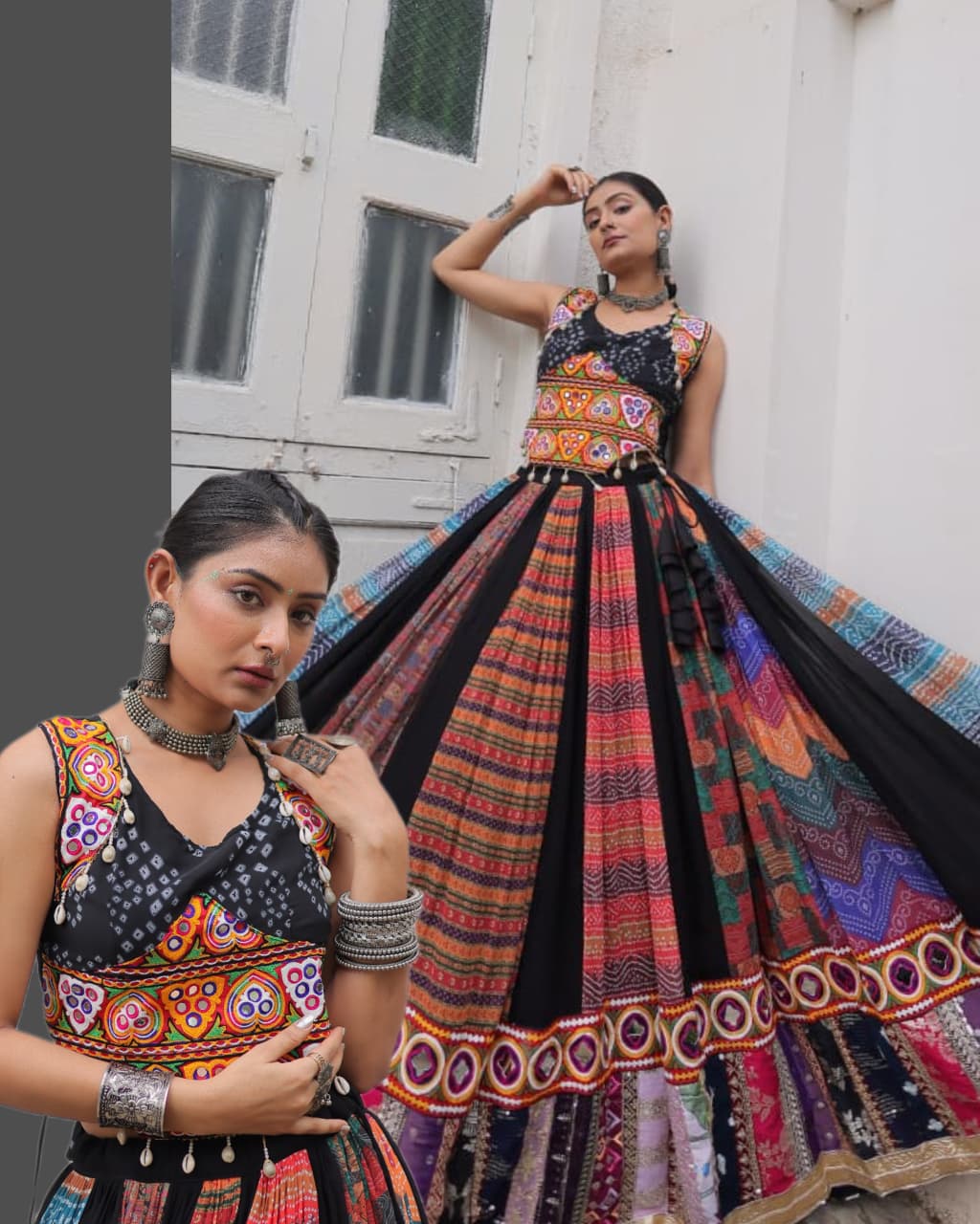 Multi Printed Gamthi Embroidered & Embellished Work Lehenga Top